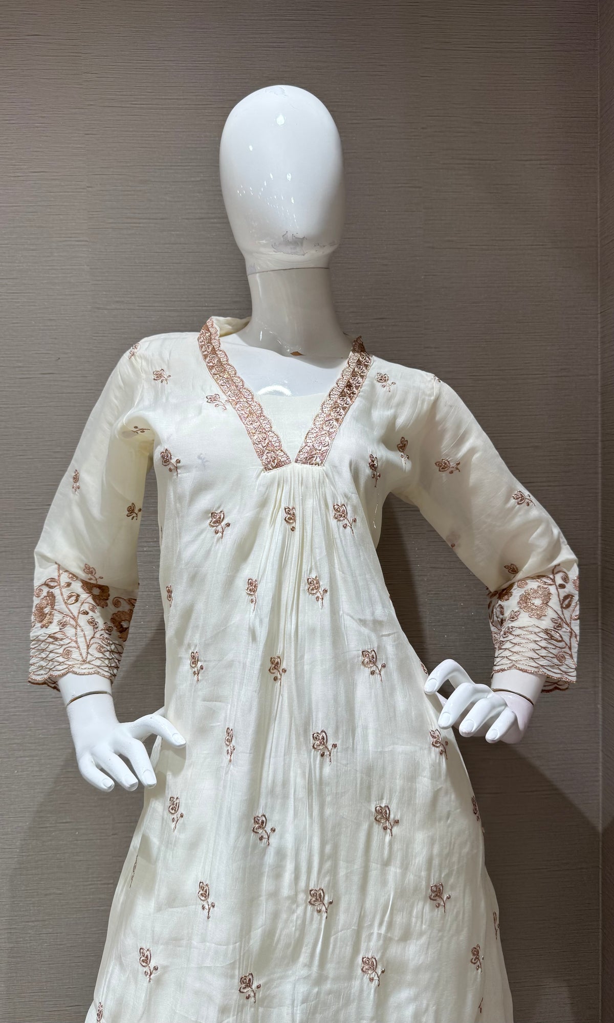 White golden floral a line kurta set with dupatta