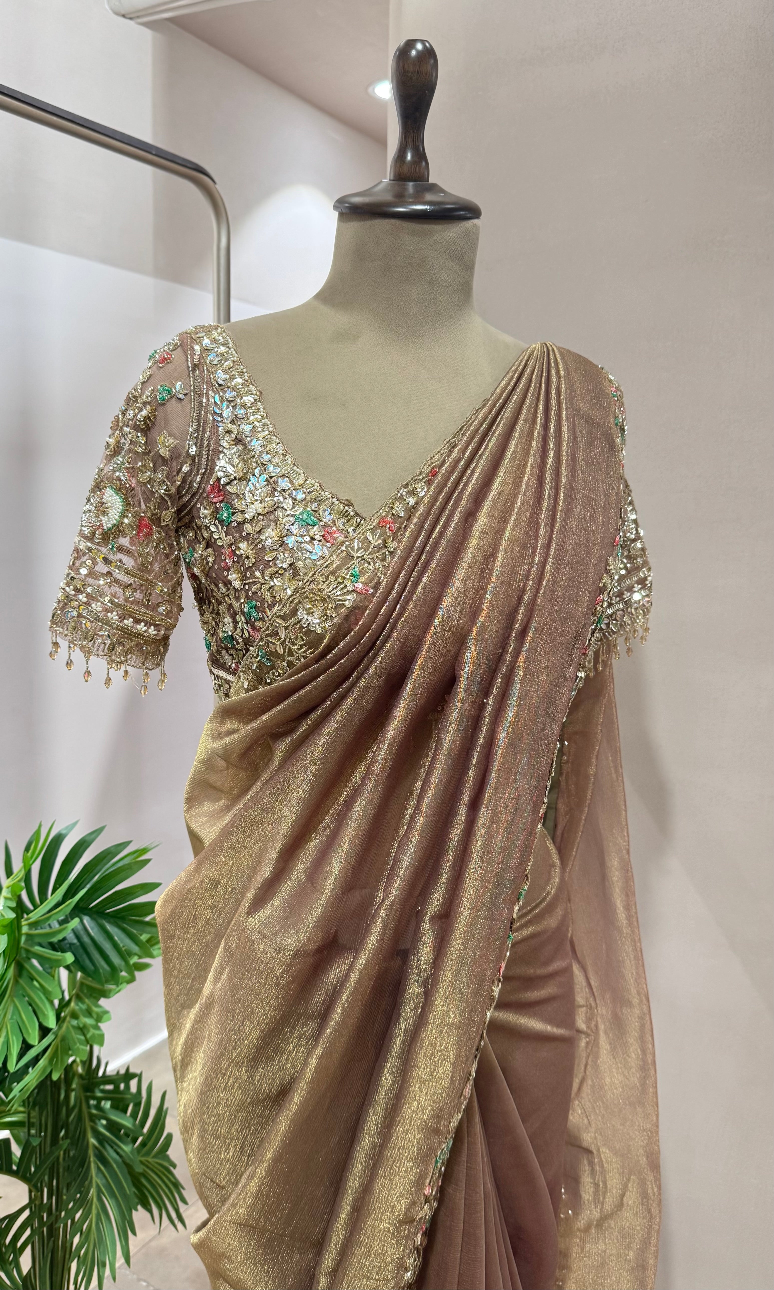 BLUSH PINK BANARASI TISSUE SAREE WITH BLOUSE