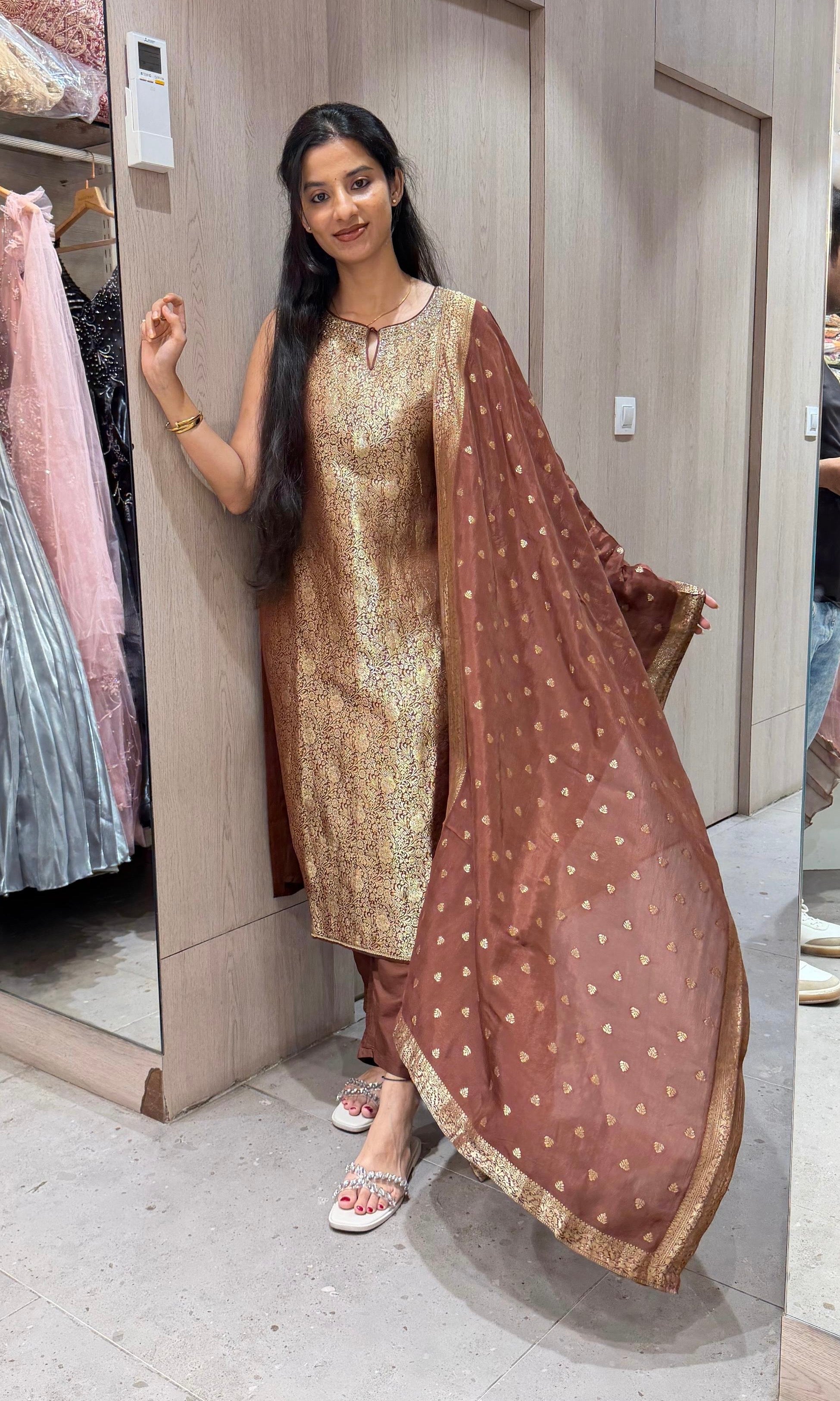 Brown Banarasi ethnic kurta set