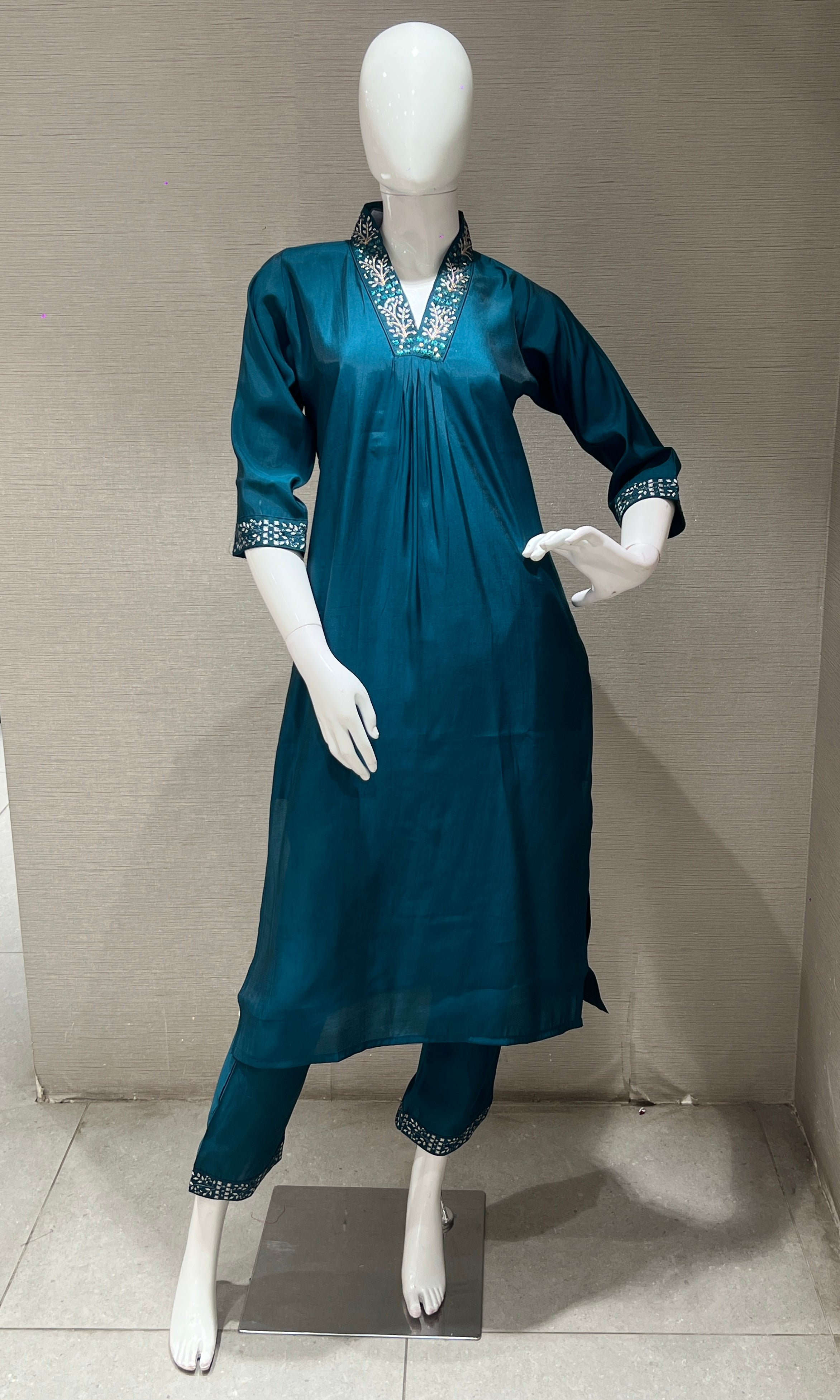 blue kurta set with gold dupatta