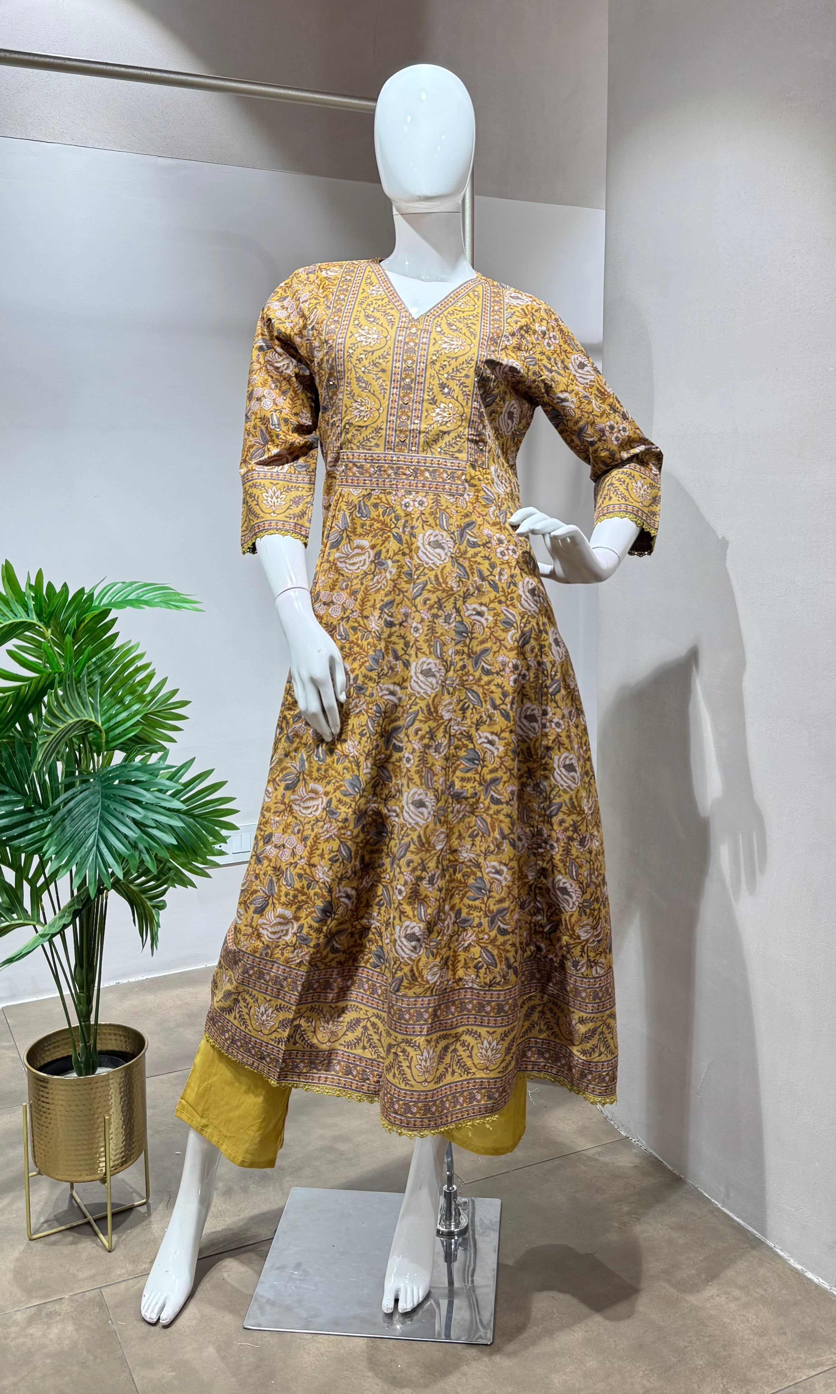 Mustard yellow jaipuri style cotton kurta set