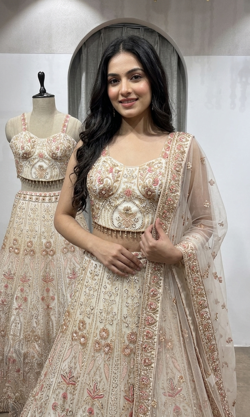 CREAM golden intricate embroidered lehenga