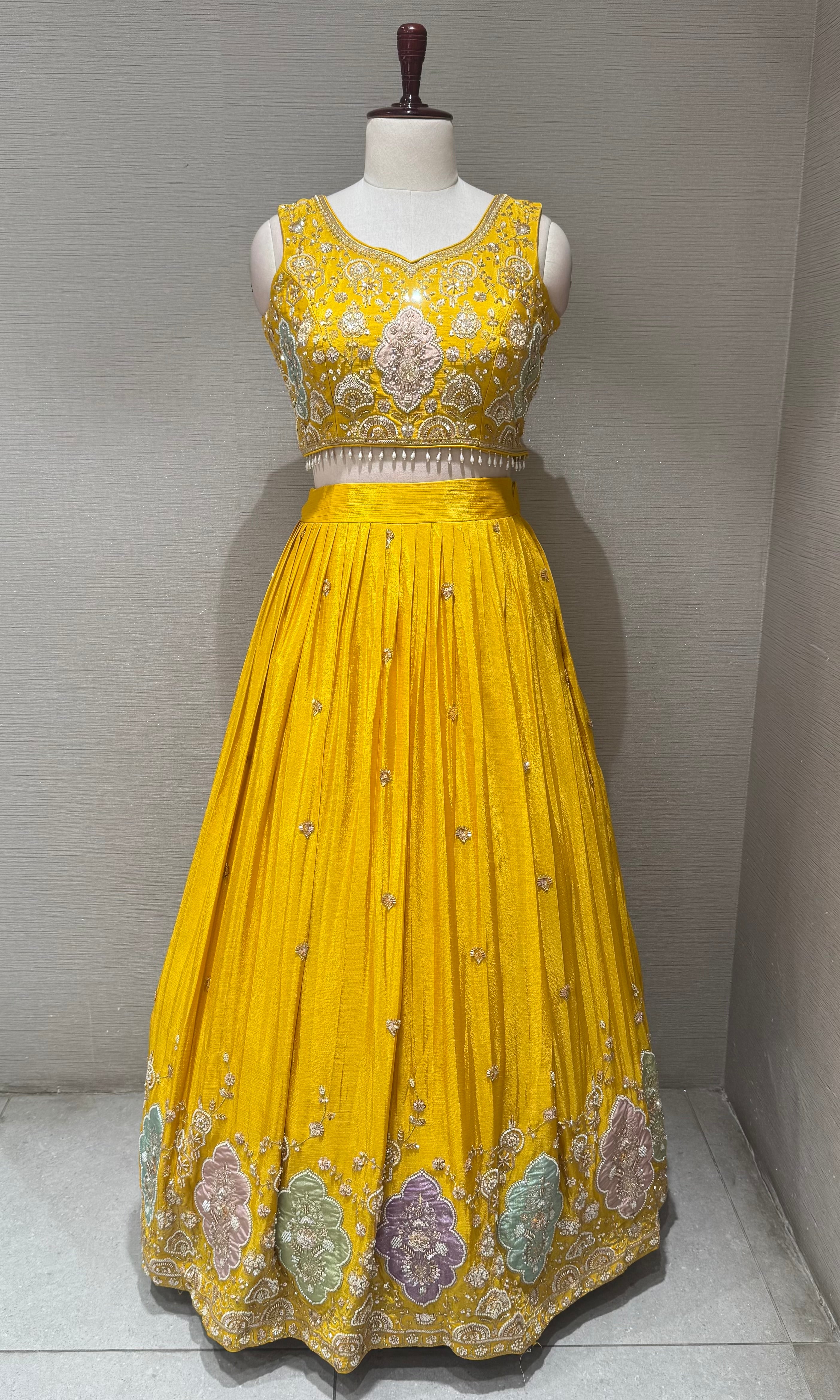 Yellow Tissue silk Lehenga with Multi Floral border