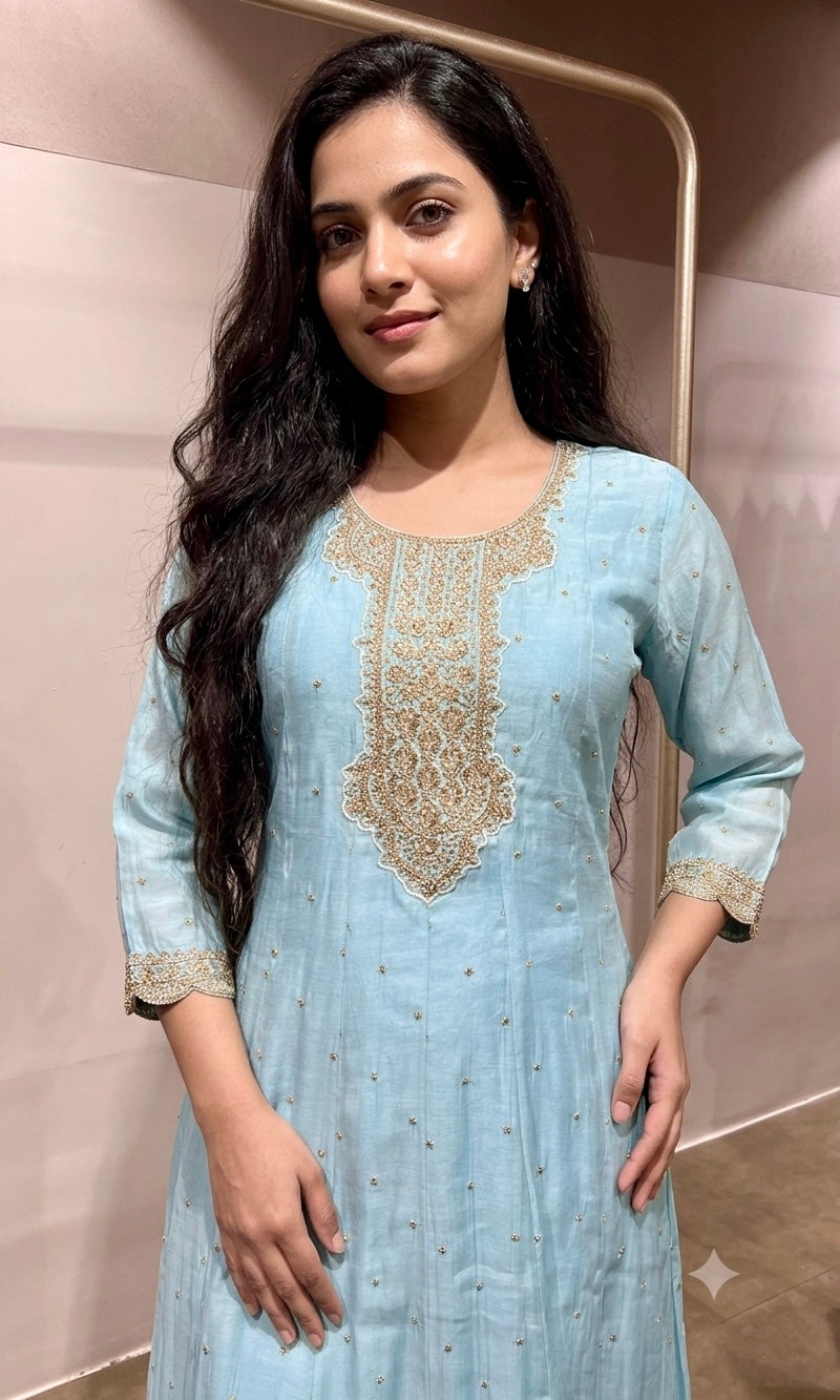 Sky Blue Embroidered Anarkali Suit Set