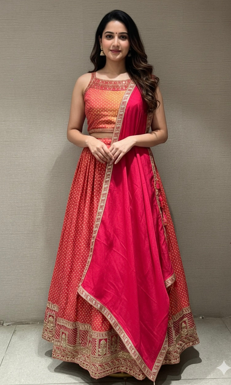 pink silk bandhani with zardosi work LEHENGA