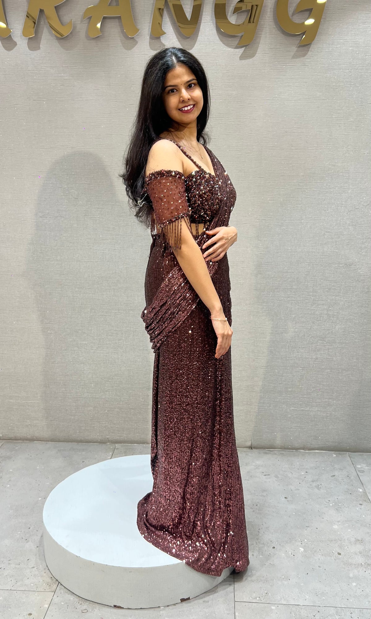 Copper Sequined Draped Saree with Off-Shoulder Blouse