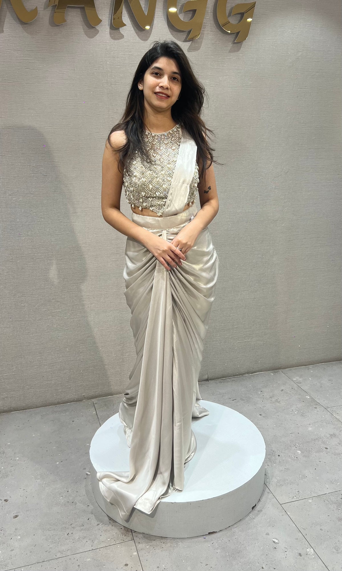 Cream Satin Silk drape saree with Ivory Jewel Blouse