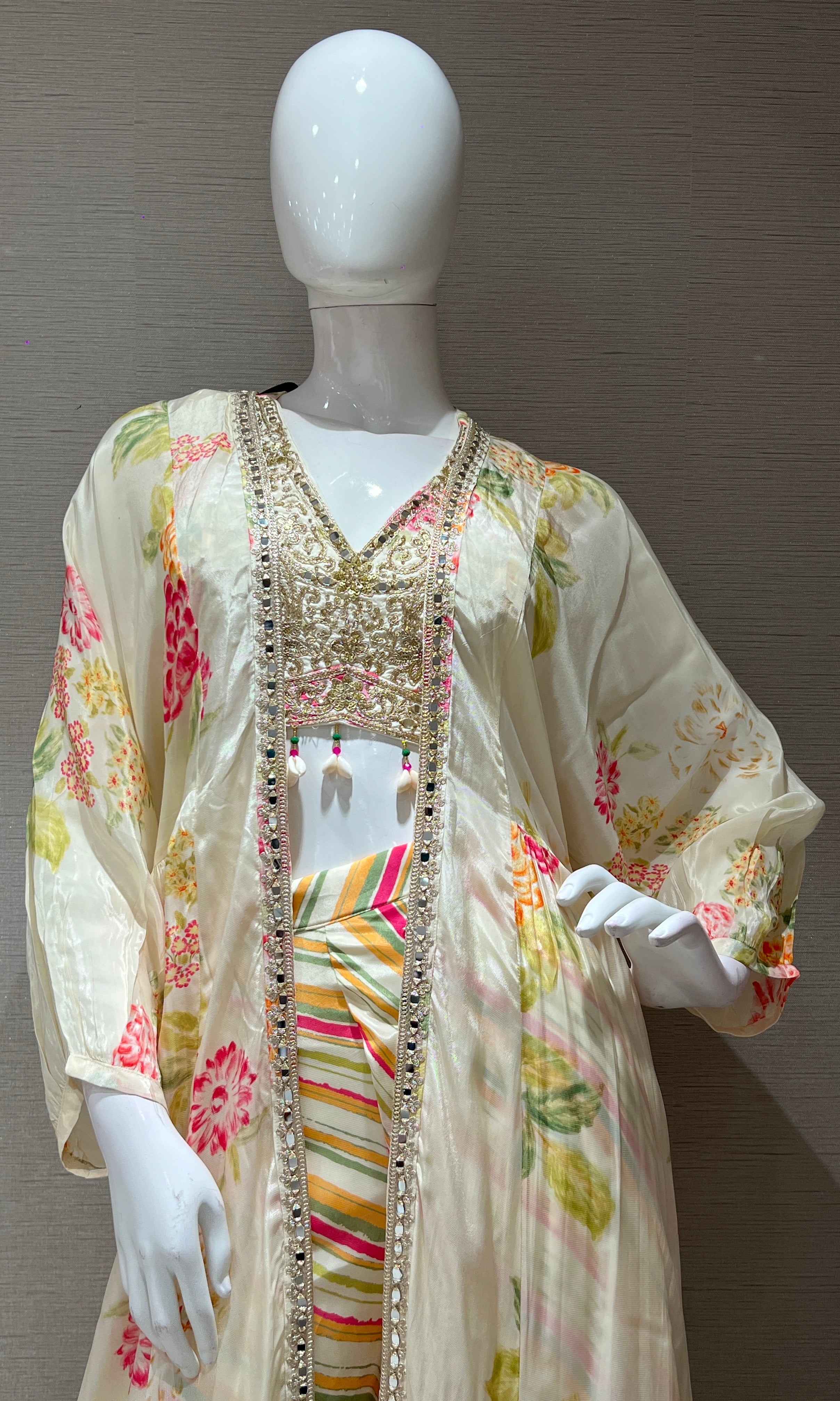 Ivory Floral Print Palazzo with Cape