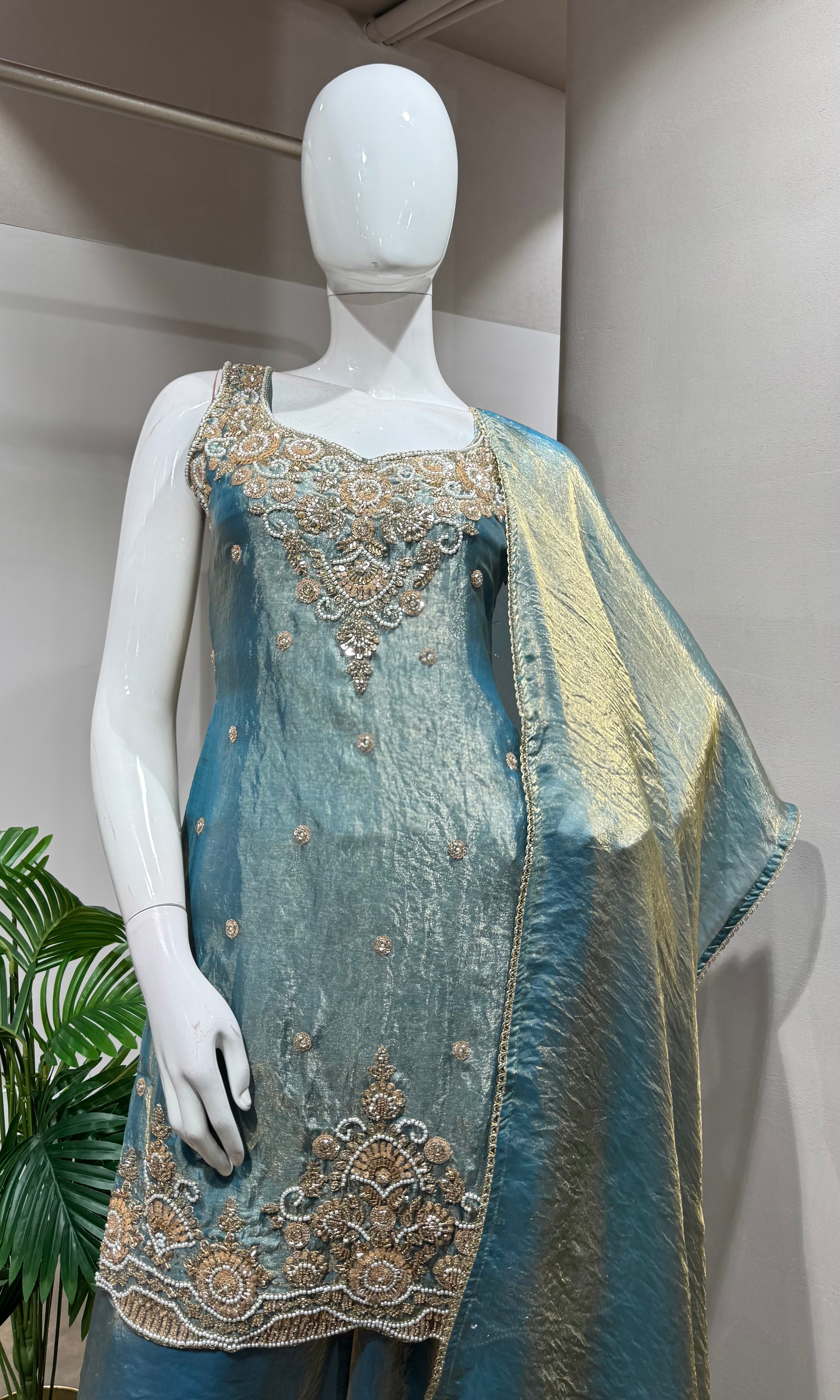 Blue Tissue golden embroidered Sharara Set