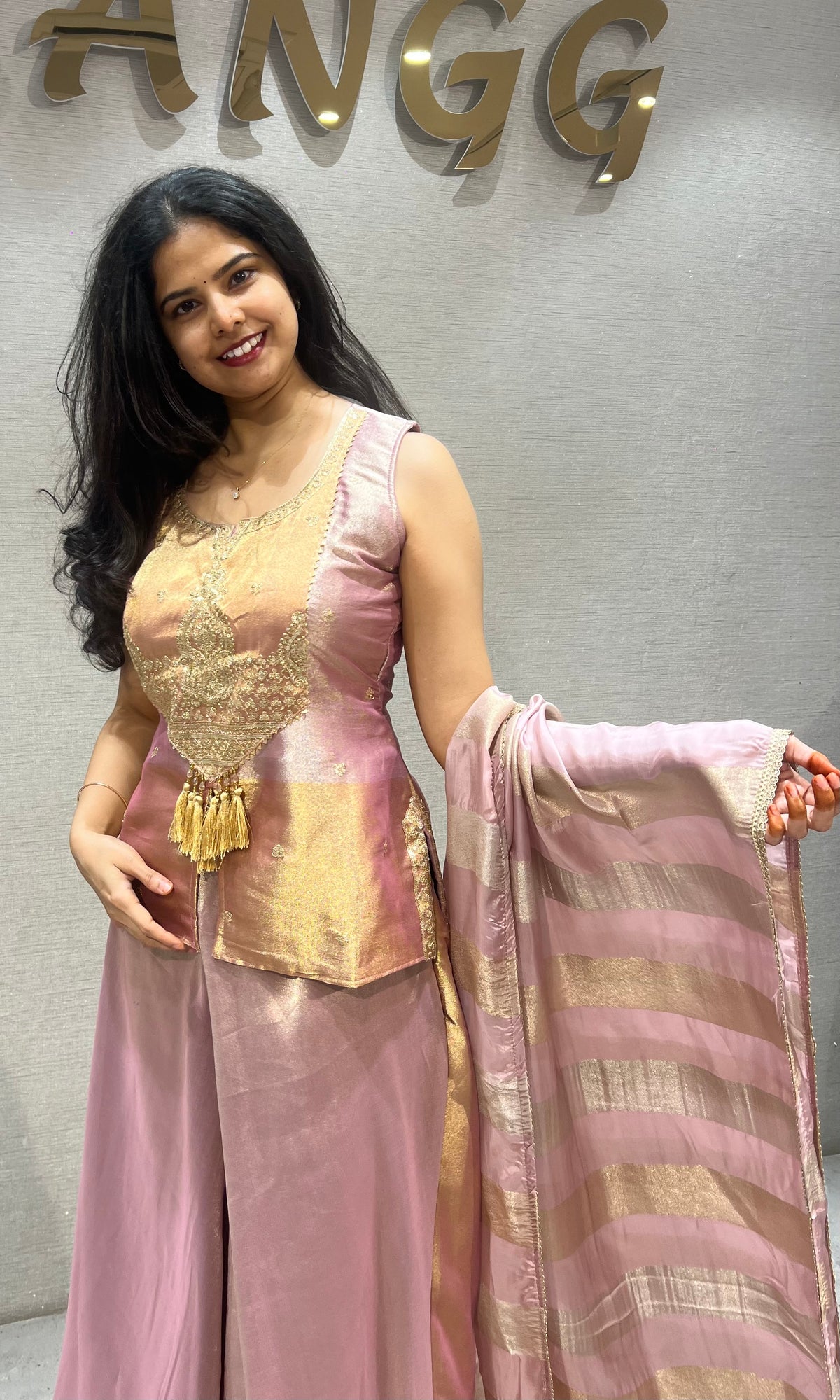 Lavender & Golden Top Satin Palazzo set with Dupatta