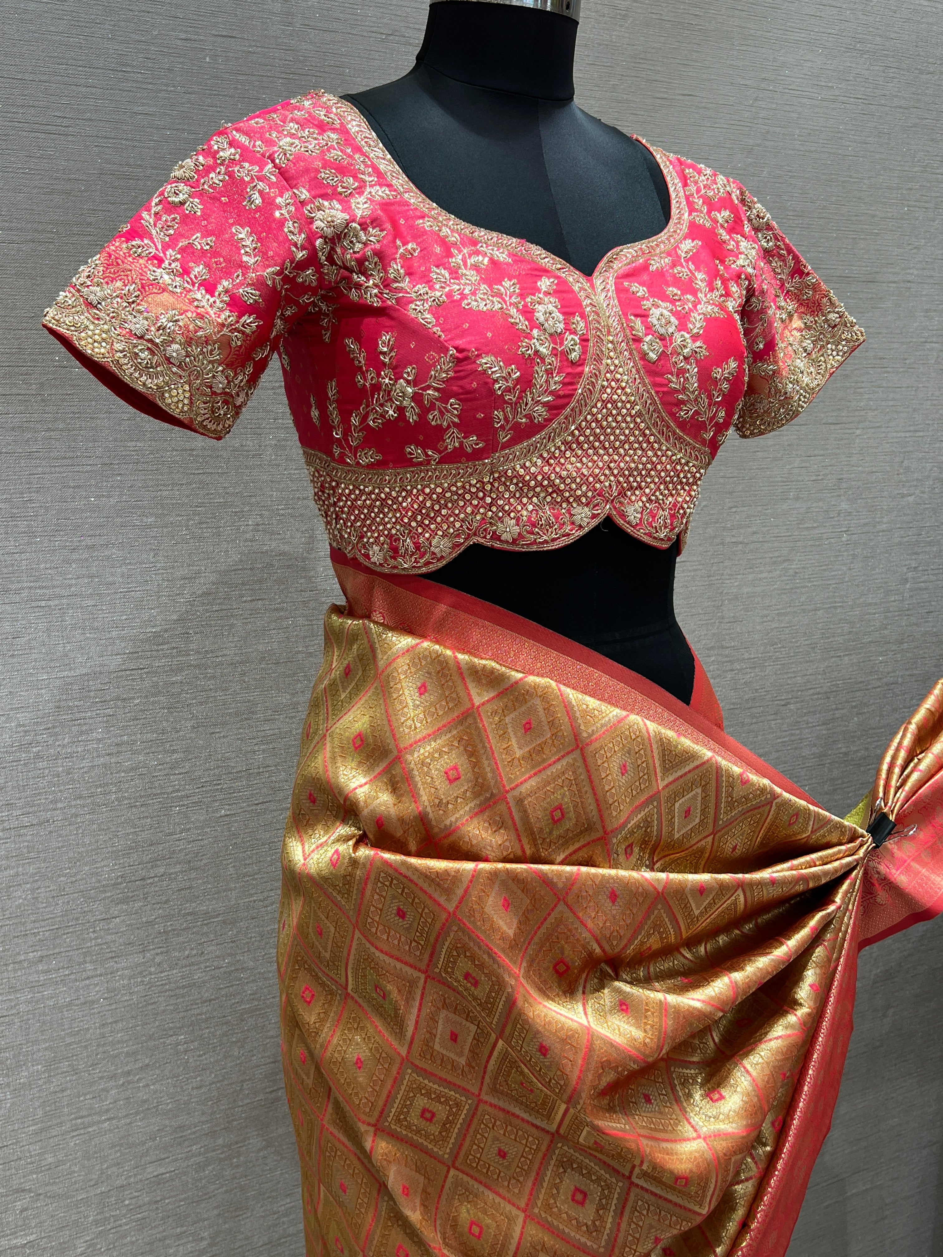 Pink saree with ready blouse