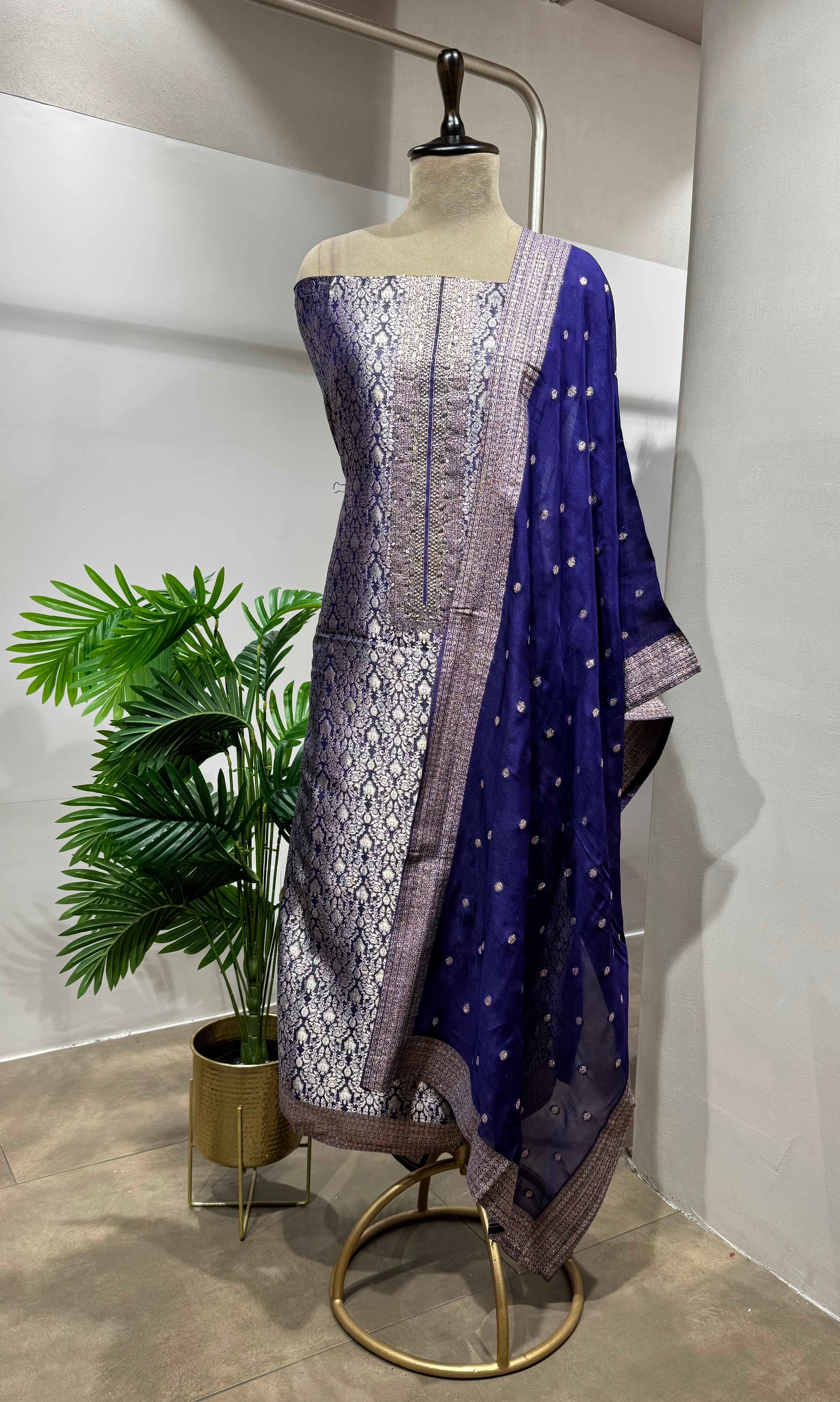 PURPLE & Silver Banarasi Silk DRESS MATERIAL