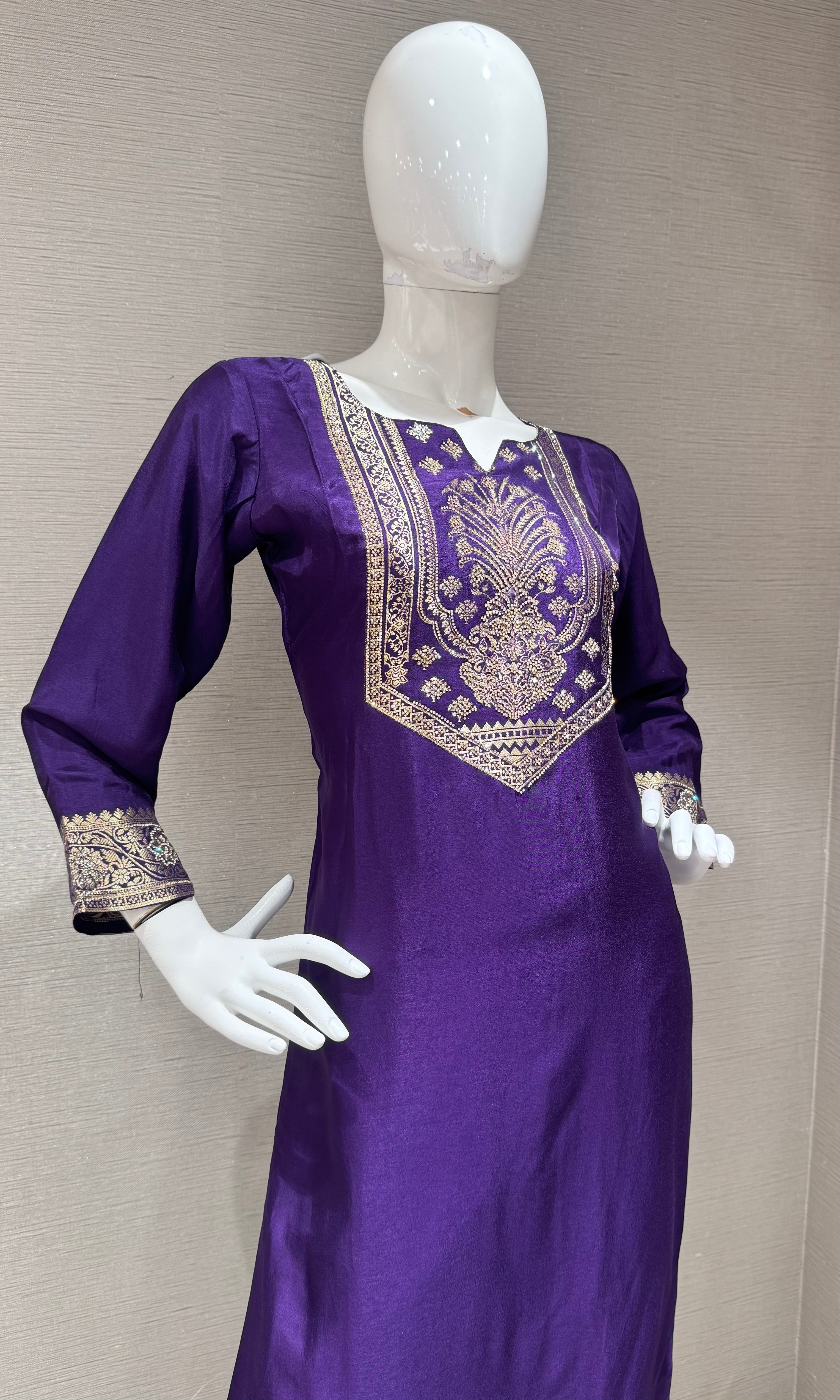 Purple Silk Embroidered Kurta Set with Banarasi Dupatta
