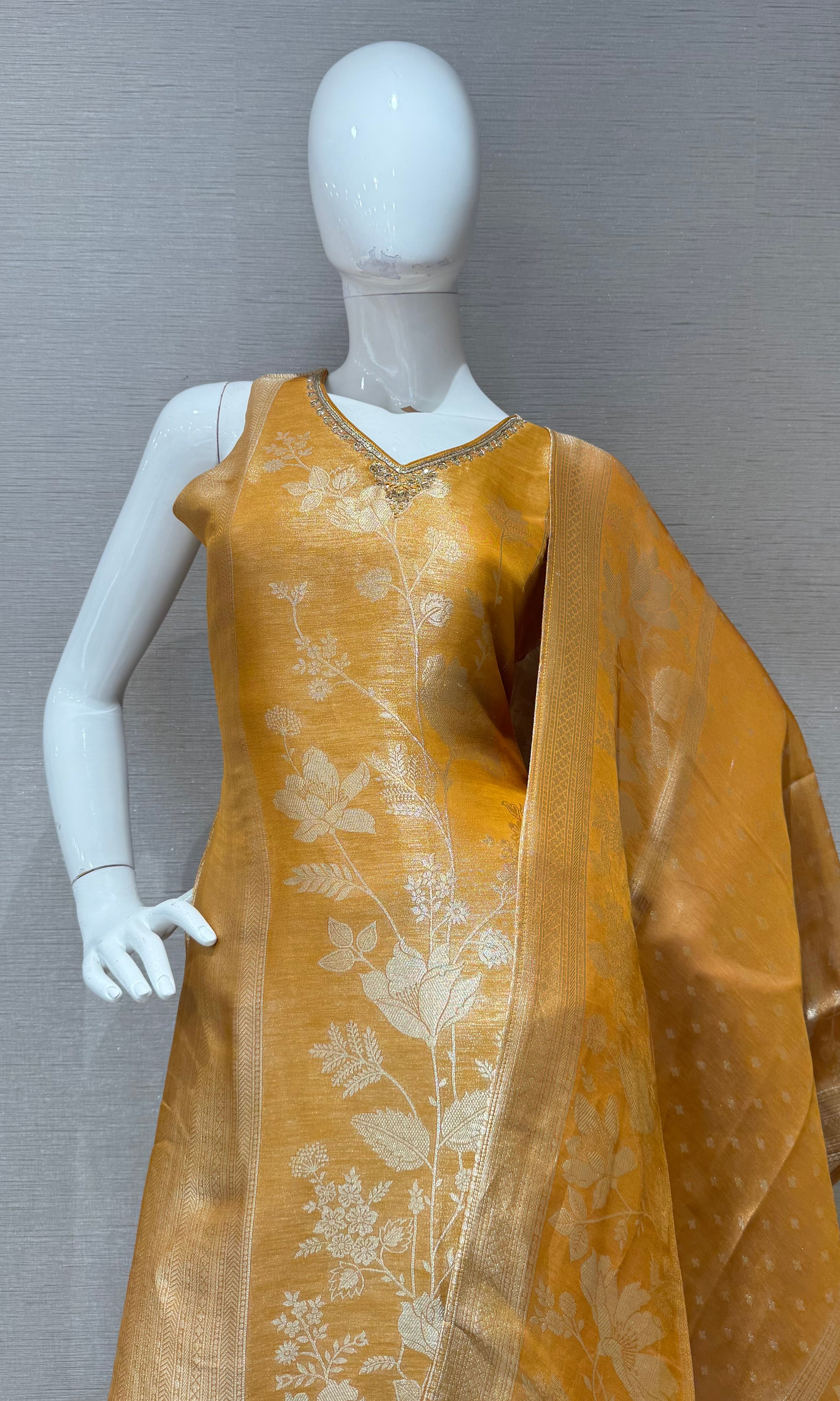 Mustard yellow Banarasi Kurta set with Matching Dupatta