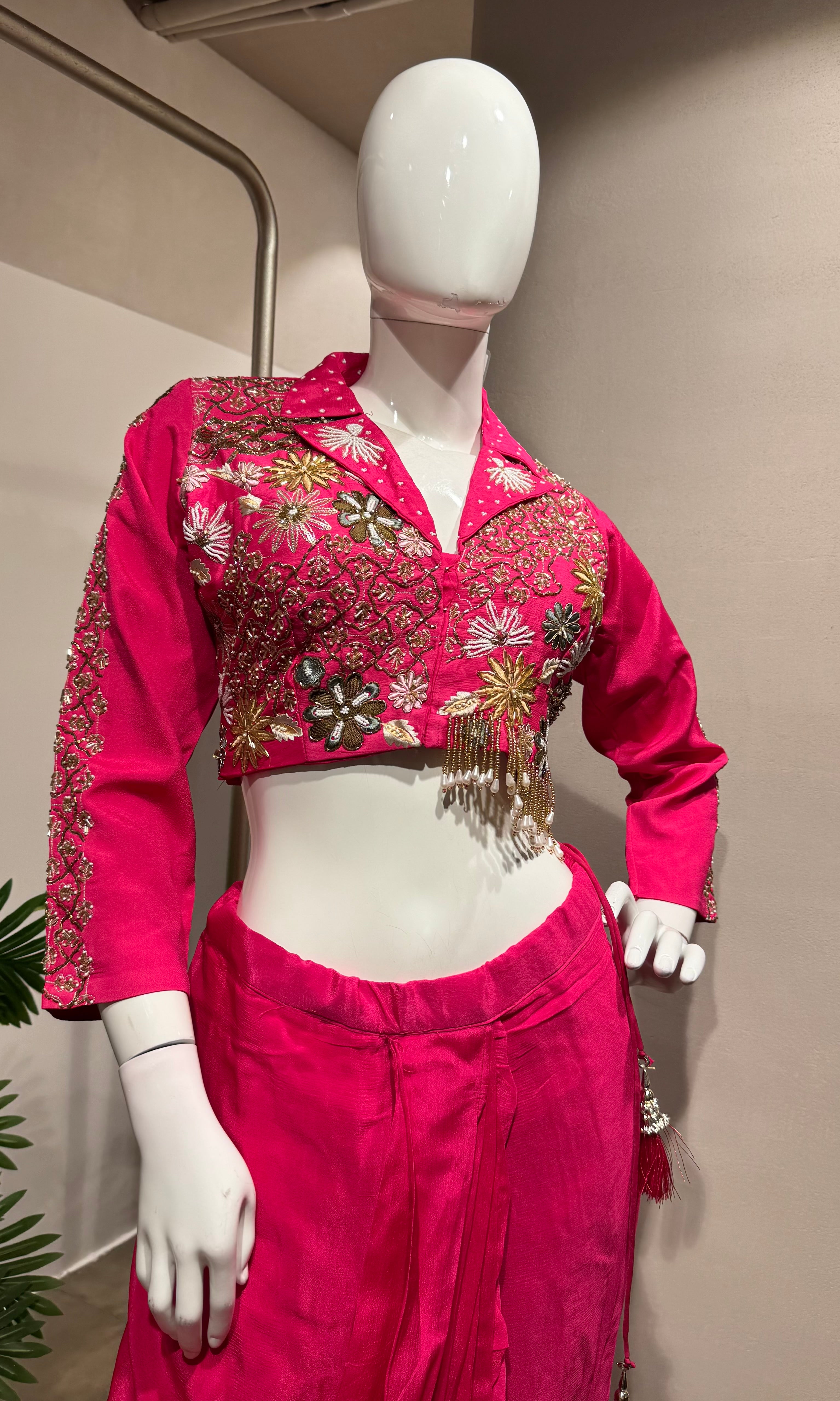 rani drape skirt set with embellished jacket blouse