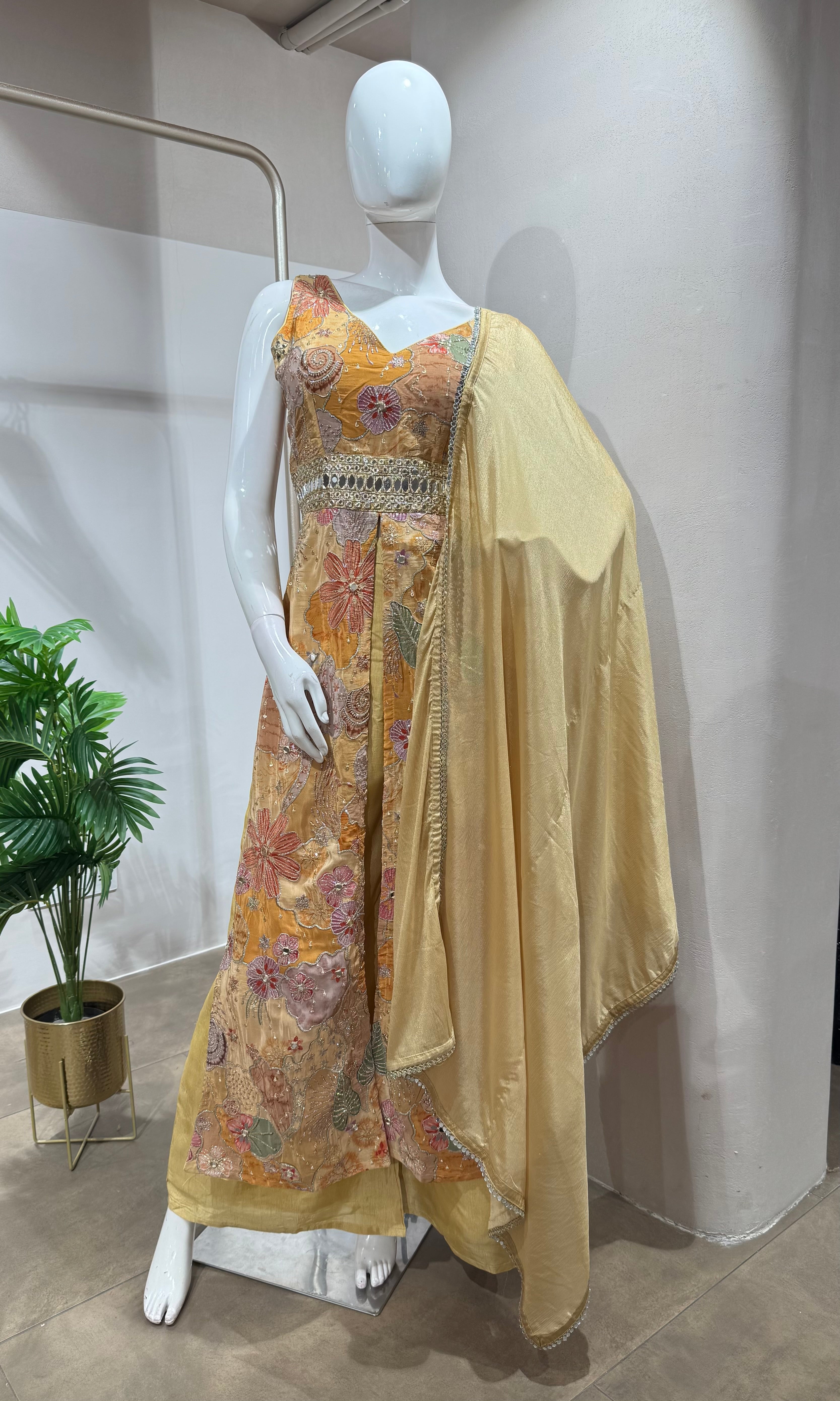 LIGHT YELLOW Georgette Shrug & Palazzo Set