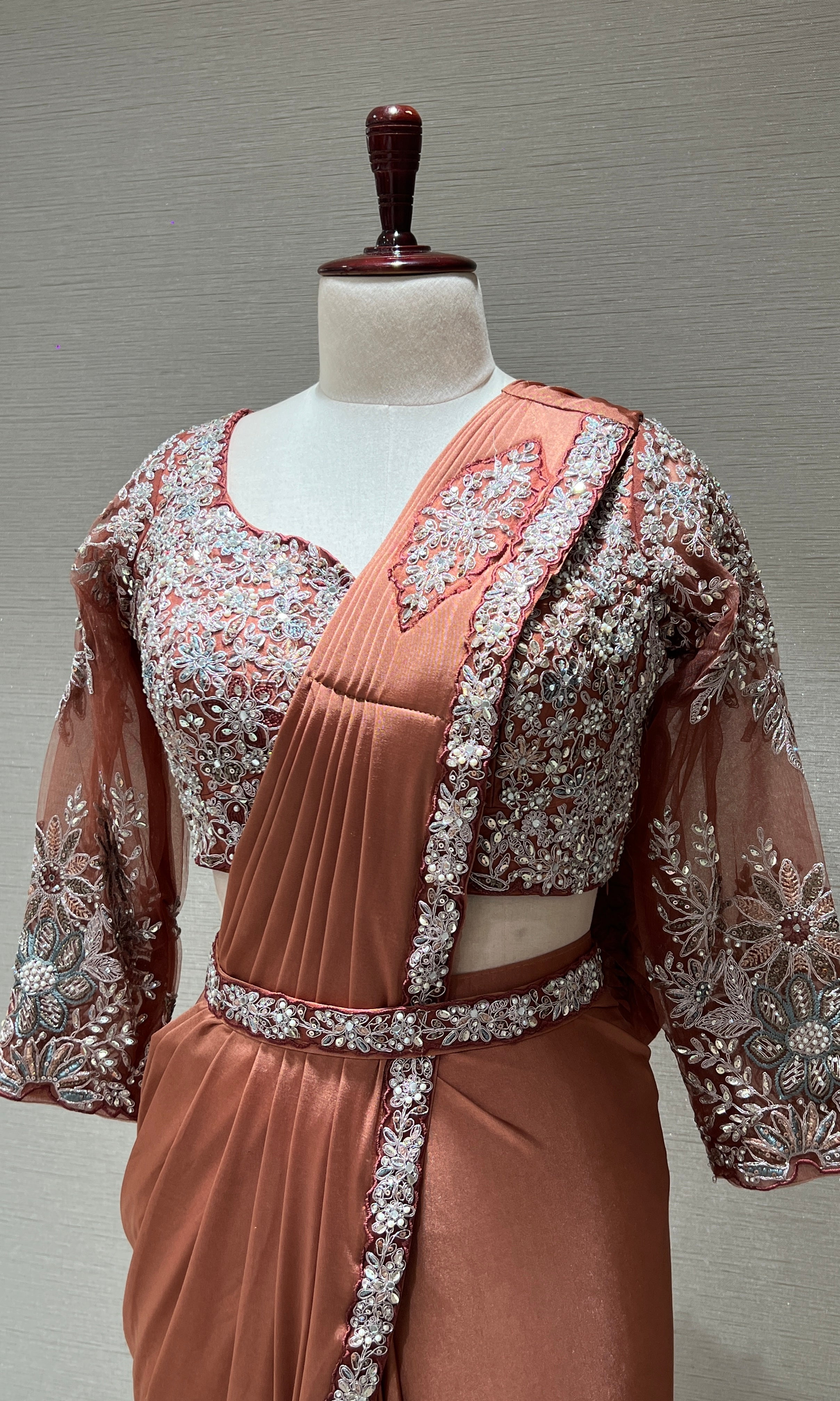 RUST DRAPE SAREE WITH FLORAL BLOUSE & BELT