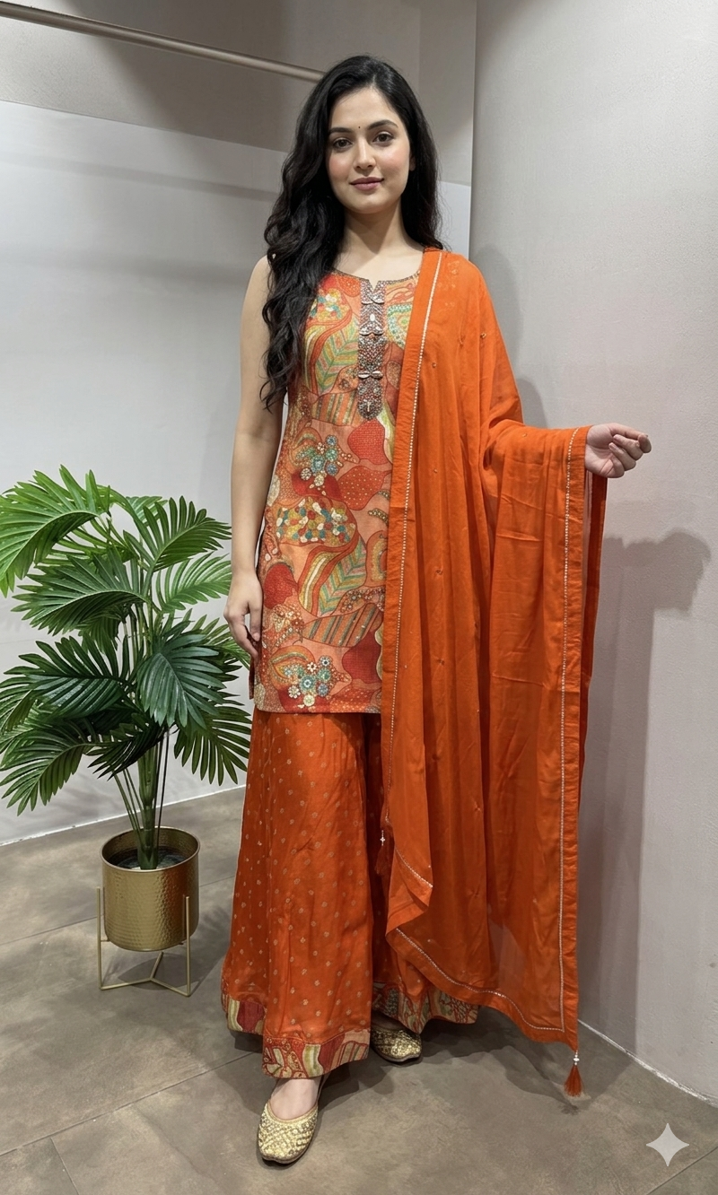 RUST Floral Printed embroidered sharara set