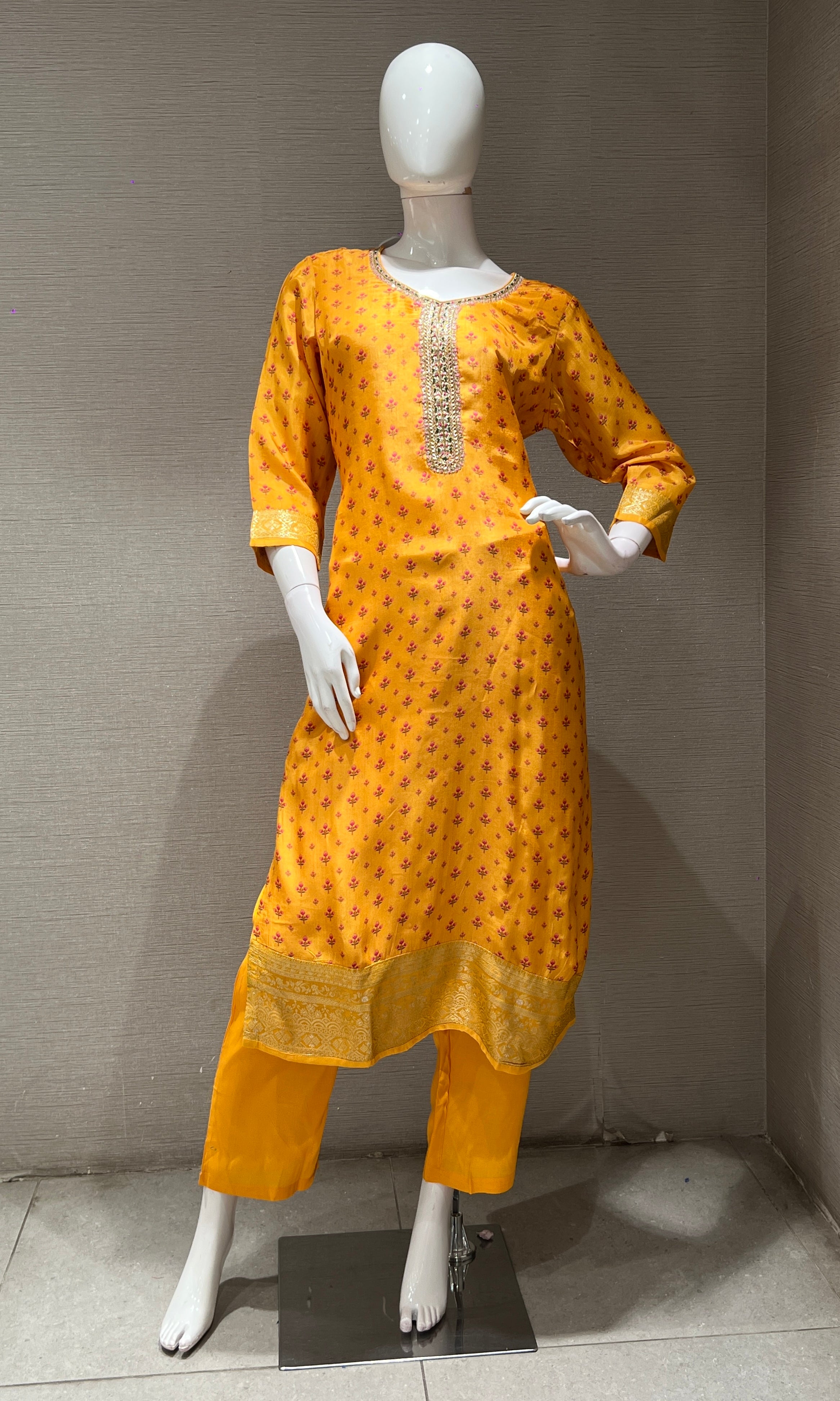 yellow embroidered printed kurta set