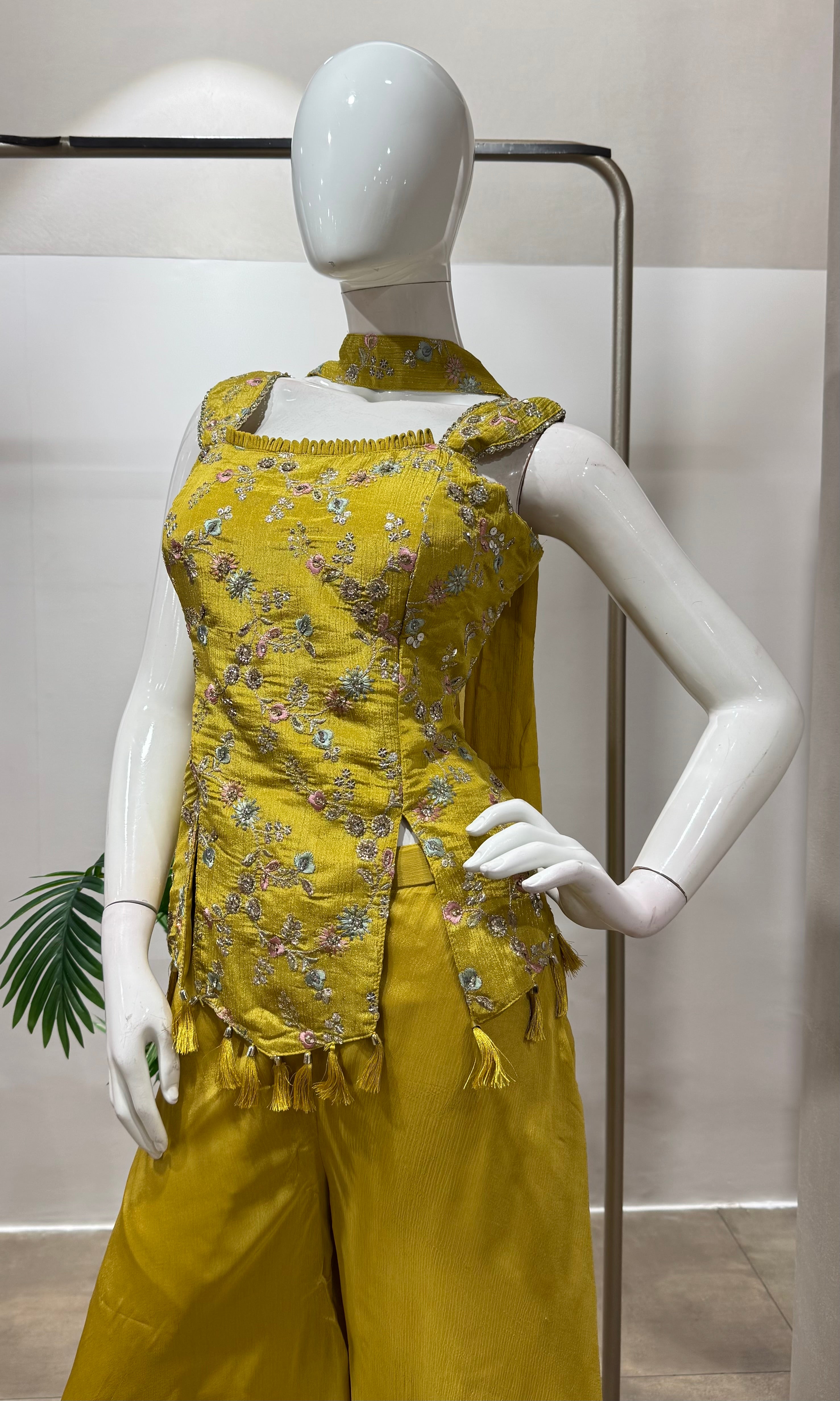 Mustard embroidered peplum palazzo set