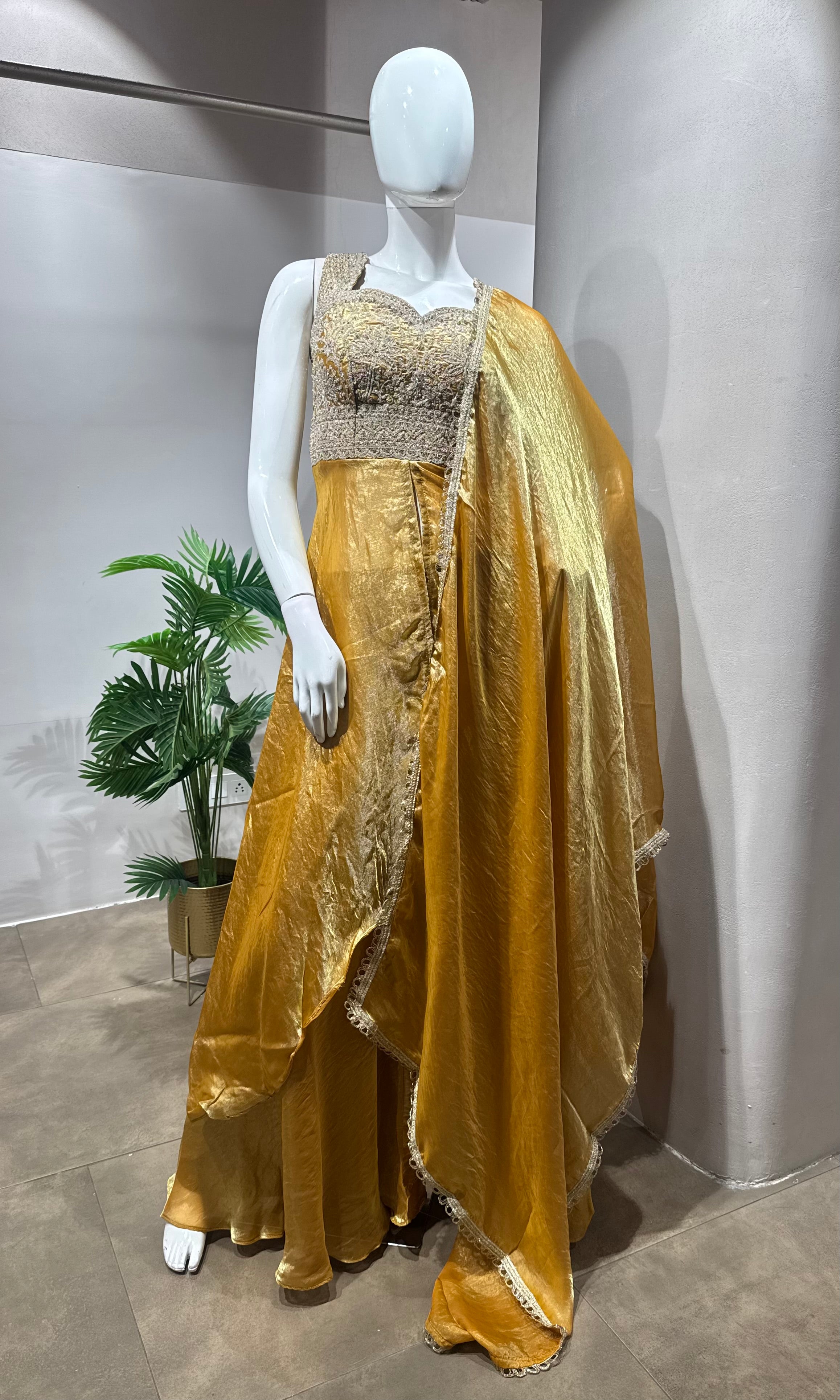 Yellow Silk Palazzo Suit with Embroidered Bodice