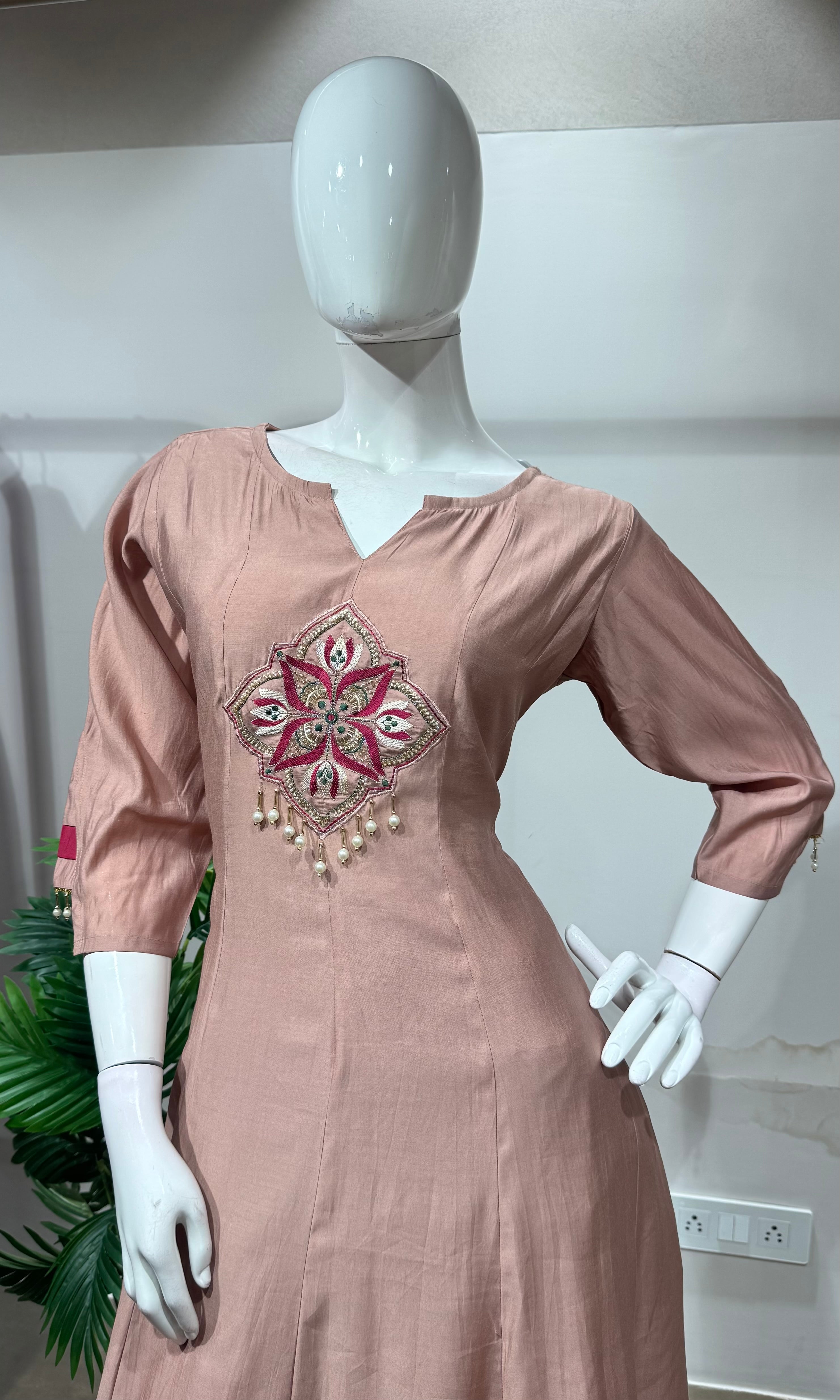 Beige Rose Silk Straight Kurta Set