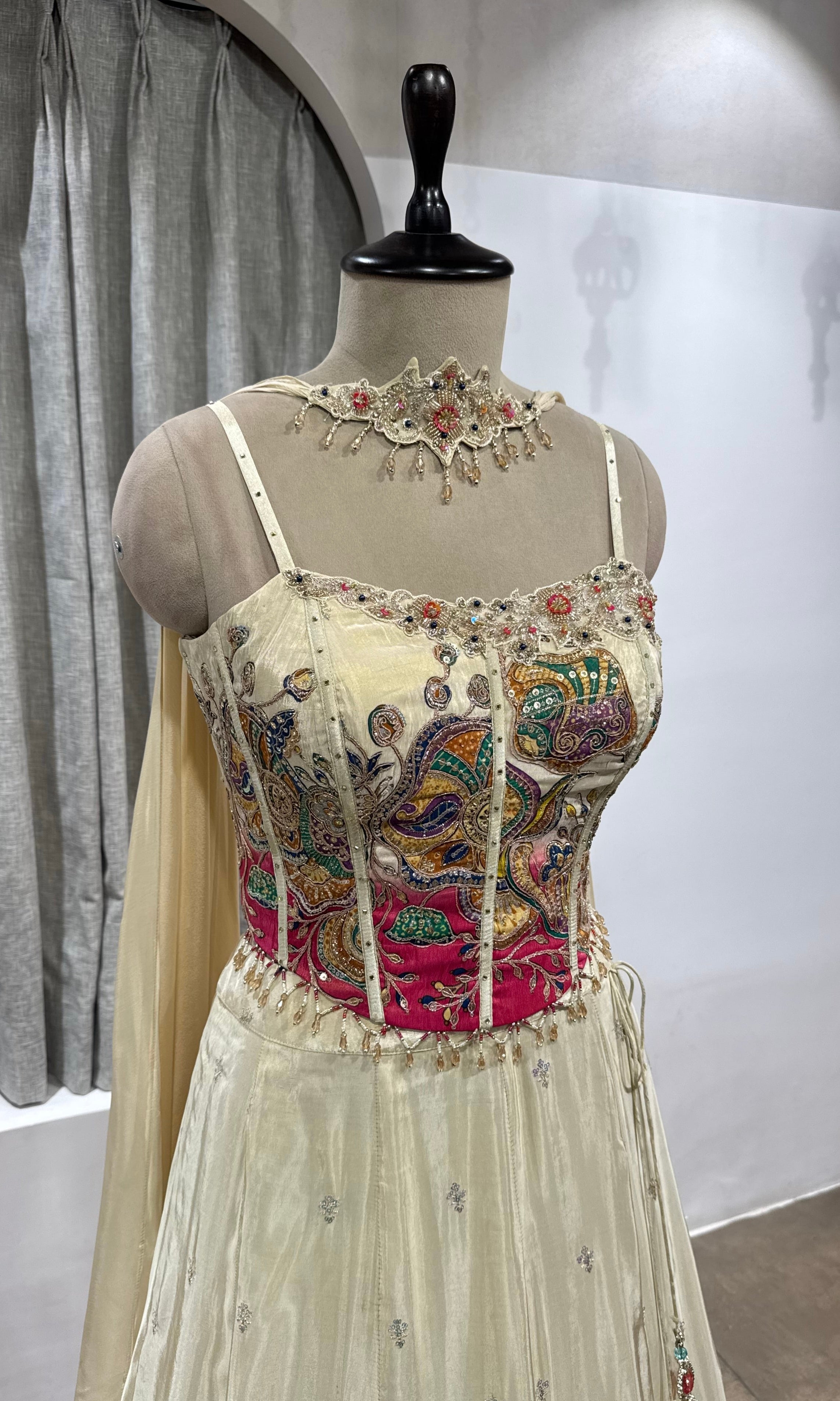 White and Pink corset Floral Lehenga