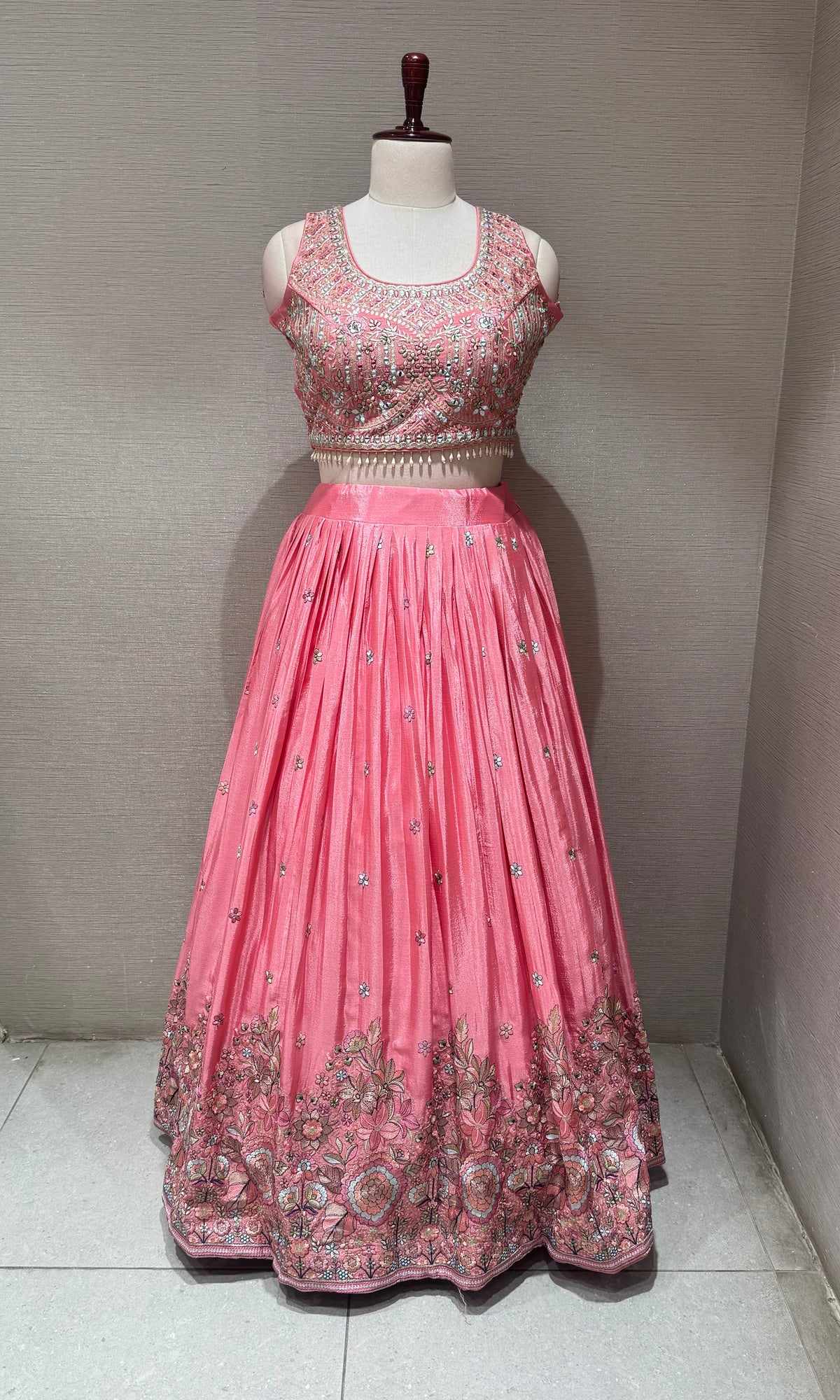 Rose Pink tissue silk Embroidered Lehenga set
