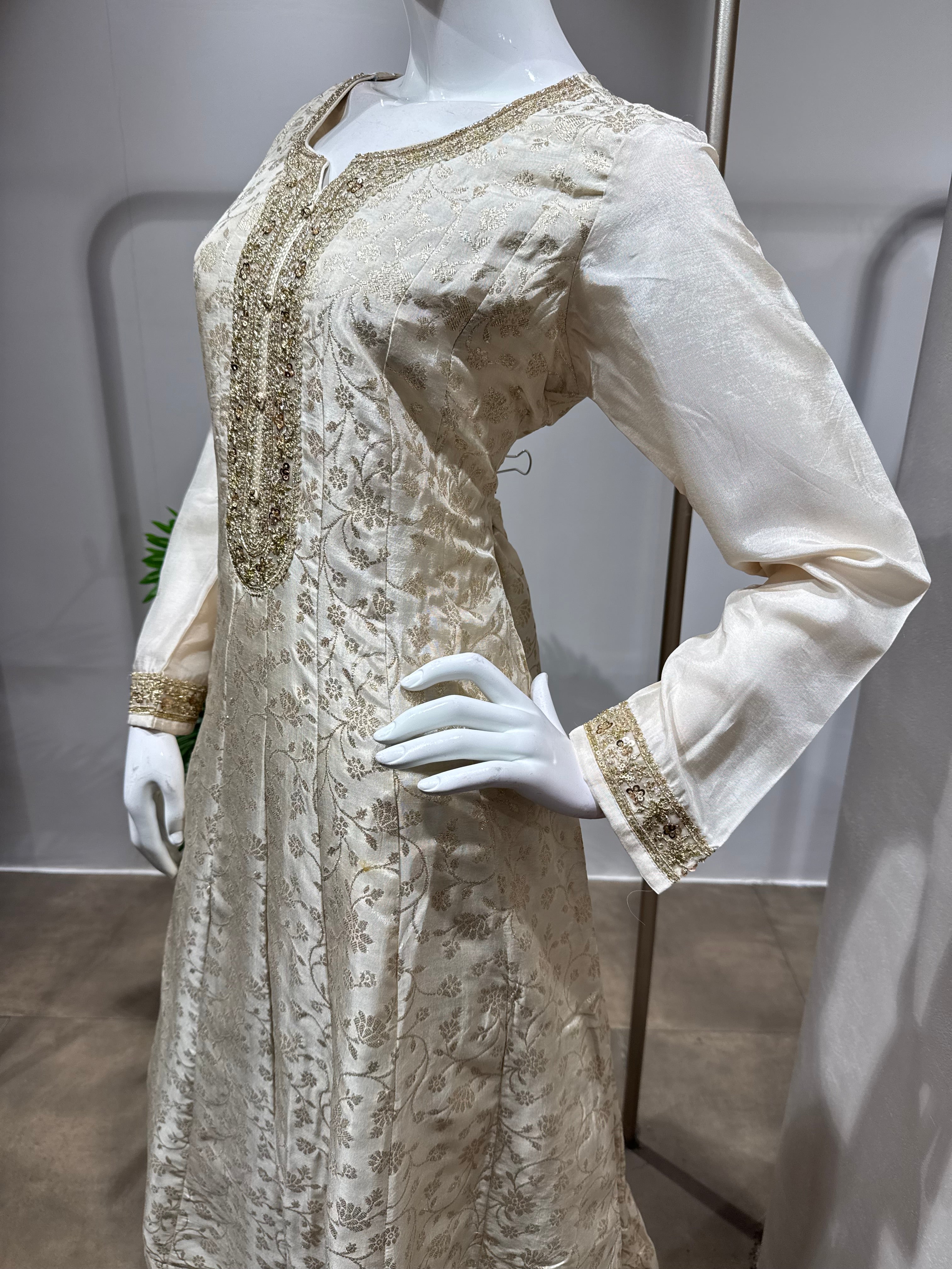 cream Banarasi silk anarkali set