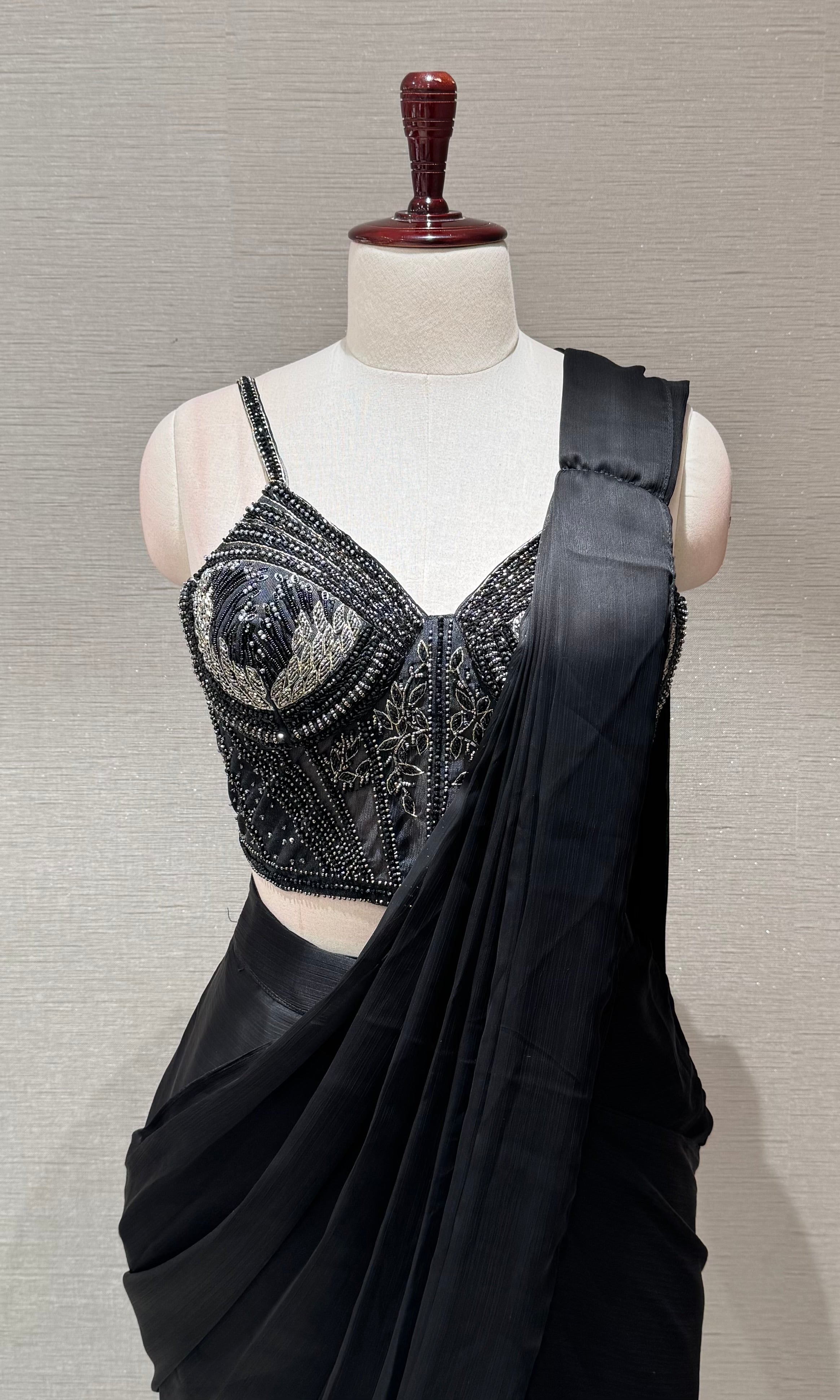 Black Draped Saree with Corset Silver Blouse