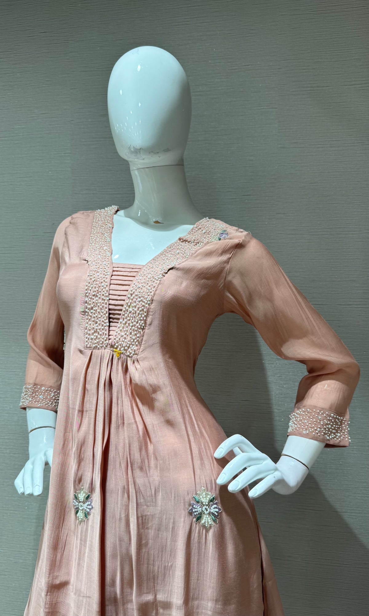 Beige Floral Embroidered Cotton Kurta set with Dupatta
