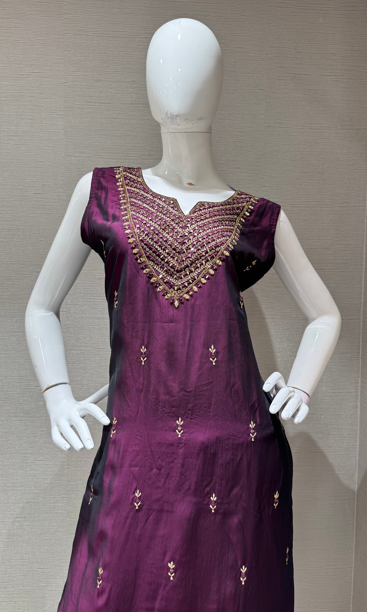 Wine Golden Silk Embroidered Kurta Set