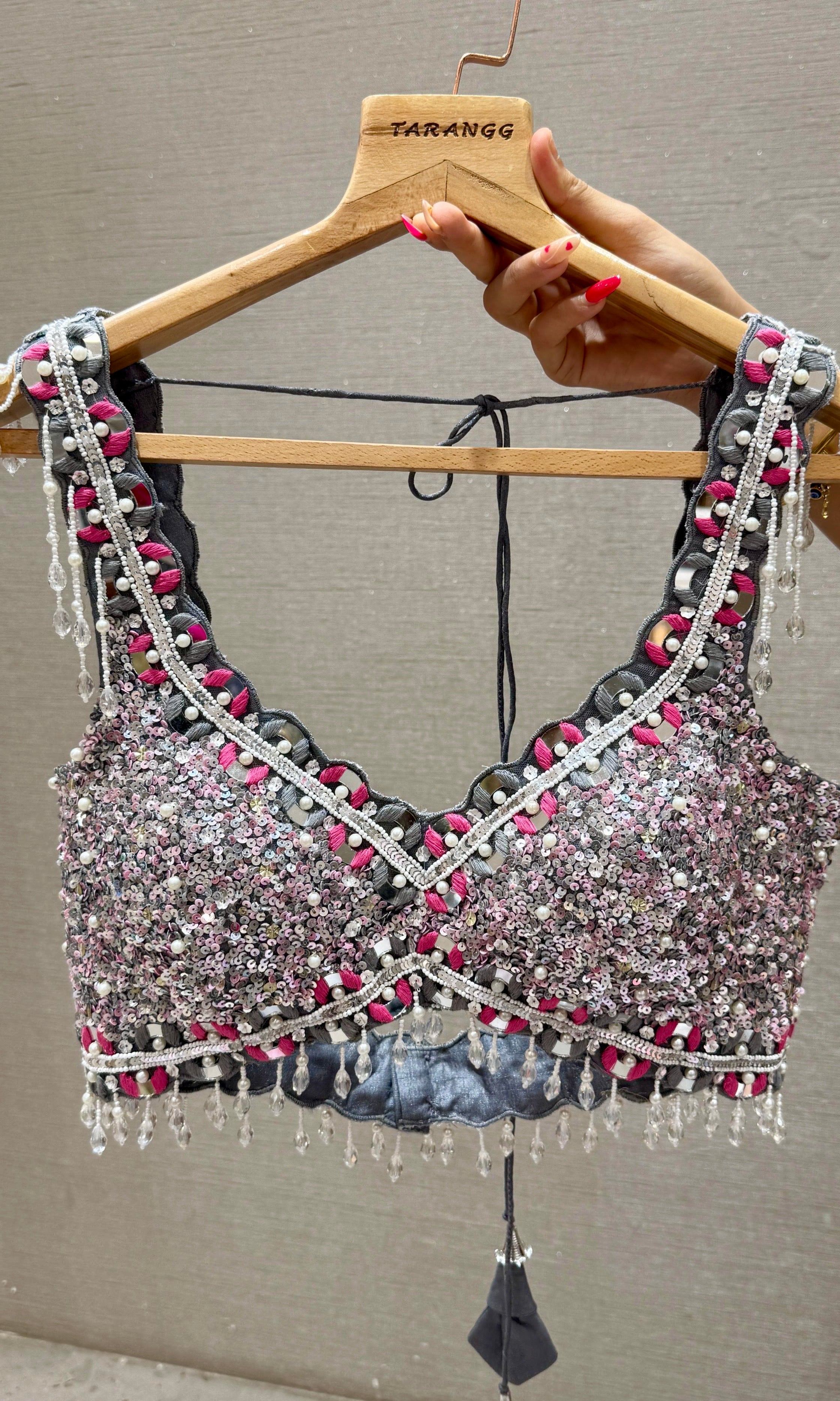 Grey with pink florals crushed Georgette saree with ready blouse