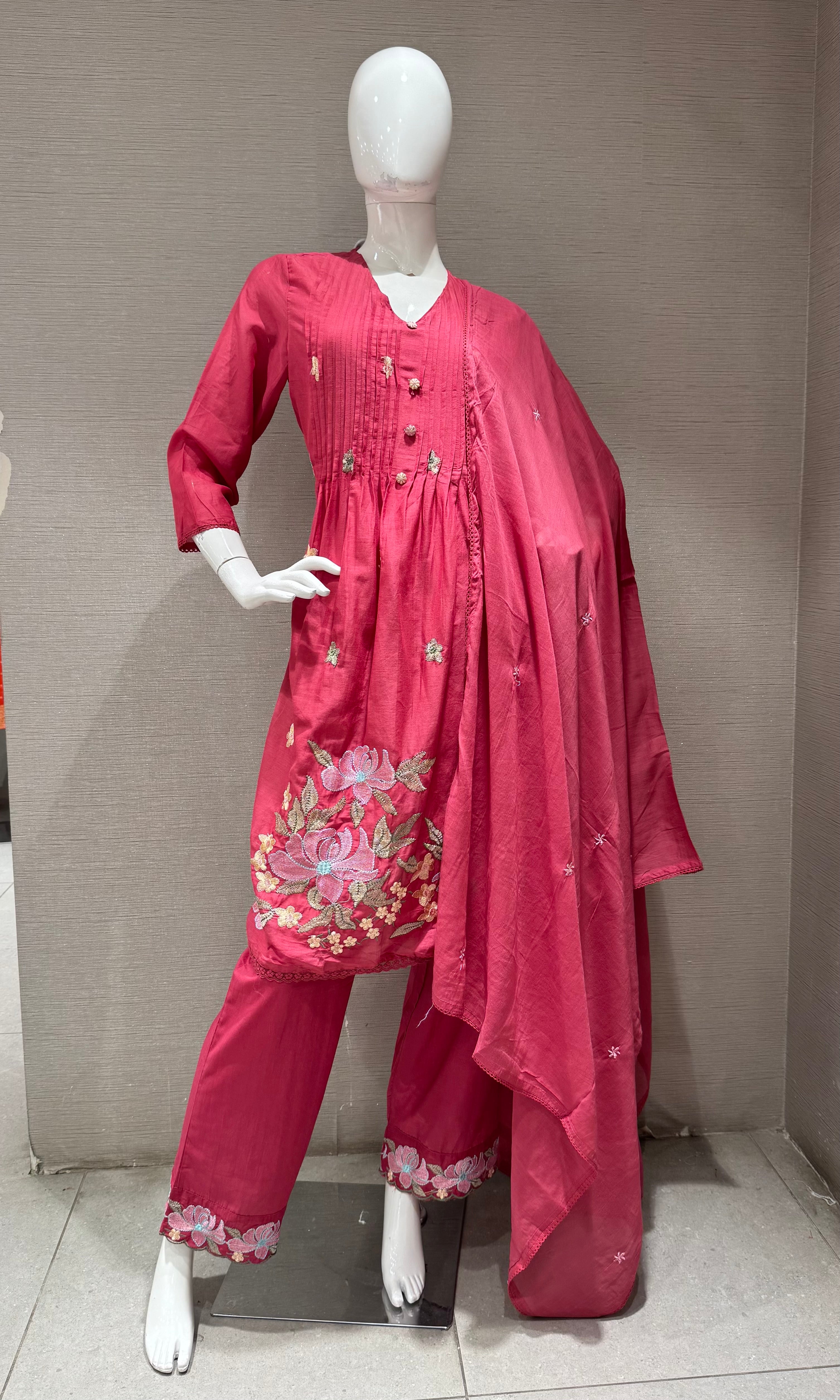 Pink Floral Silk Chanderi kurta Set