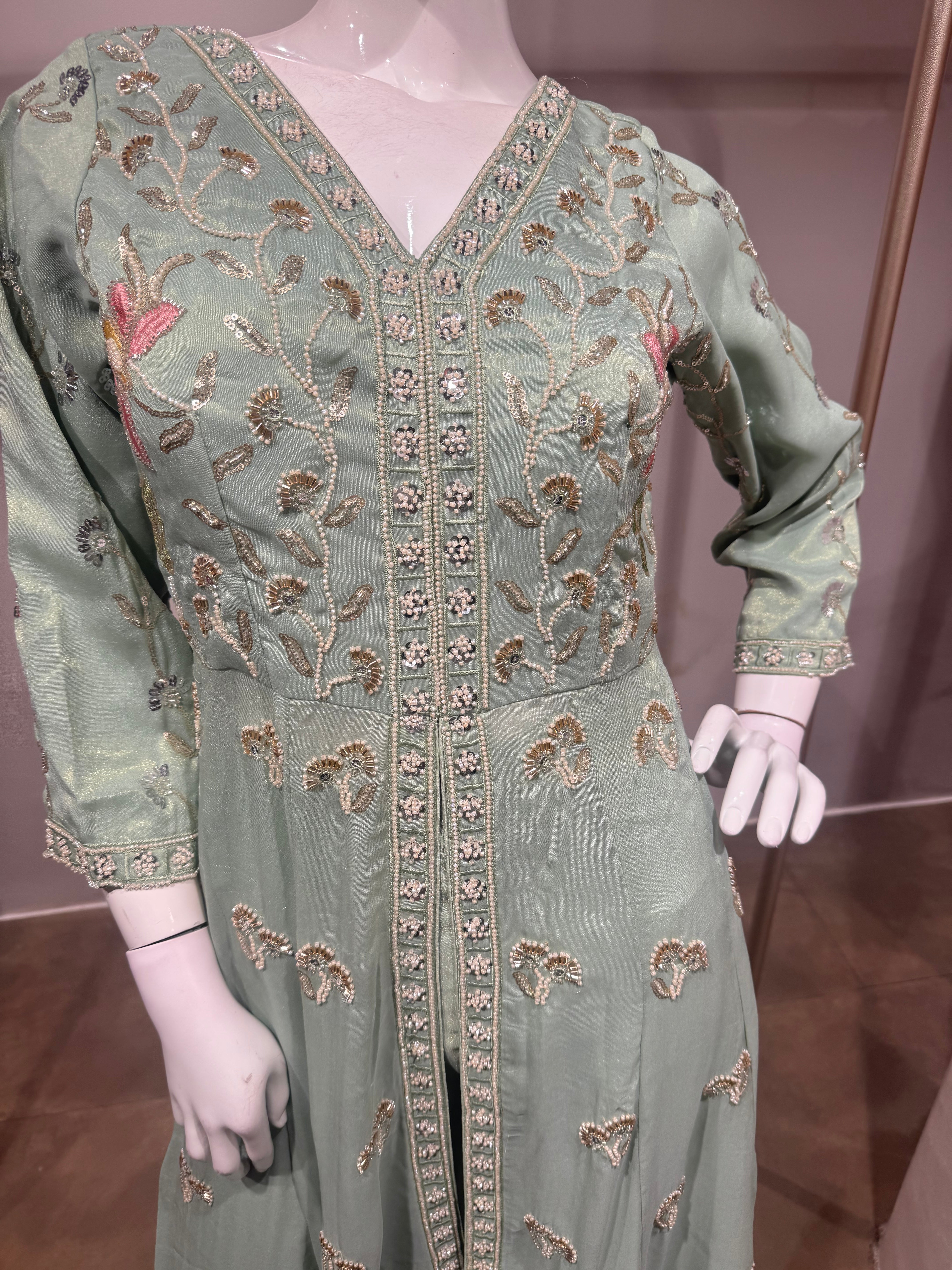 Mint Green Floral Embroidered Anarkali Front slit Set