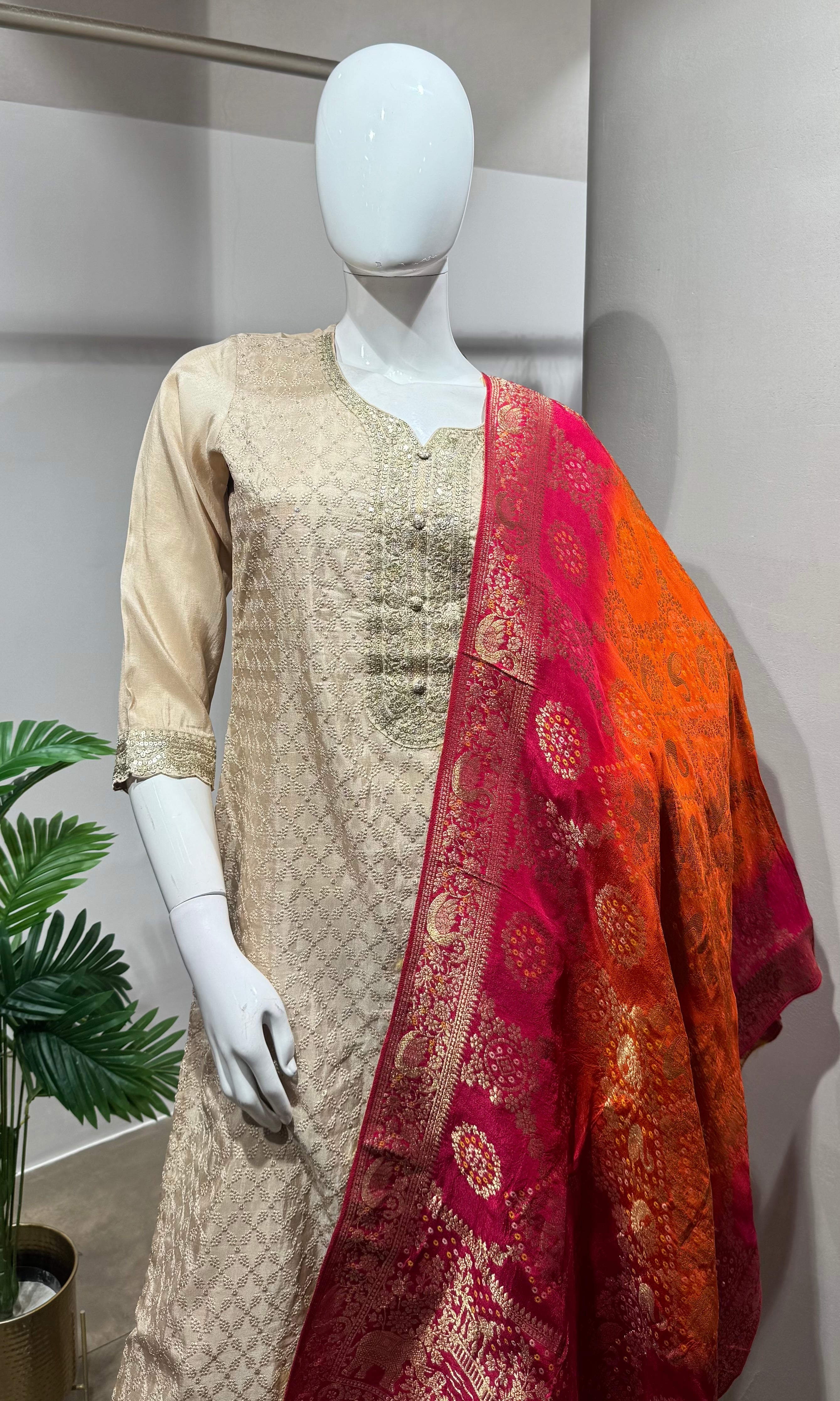 Ivory straight kurta set with contrast dupatta