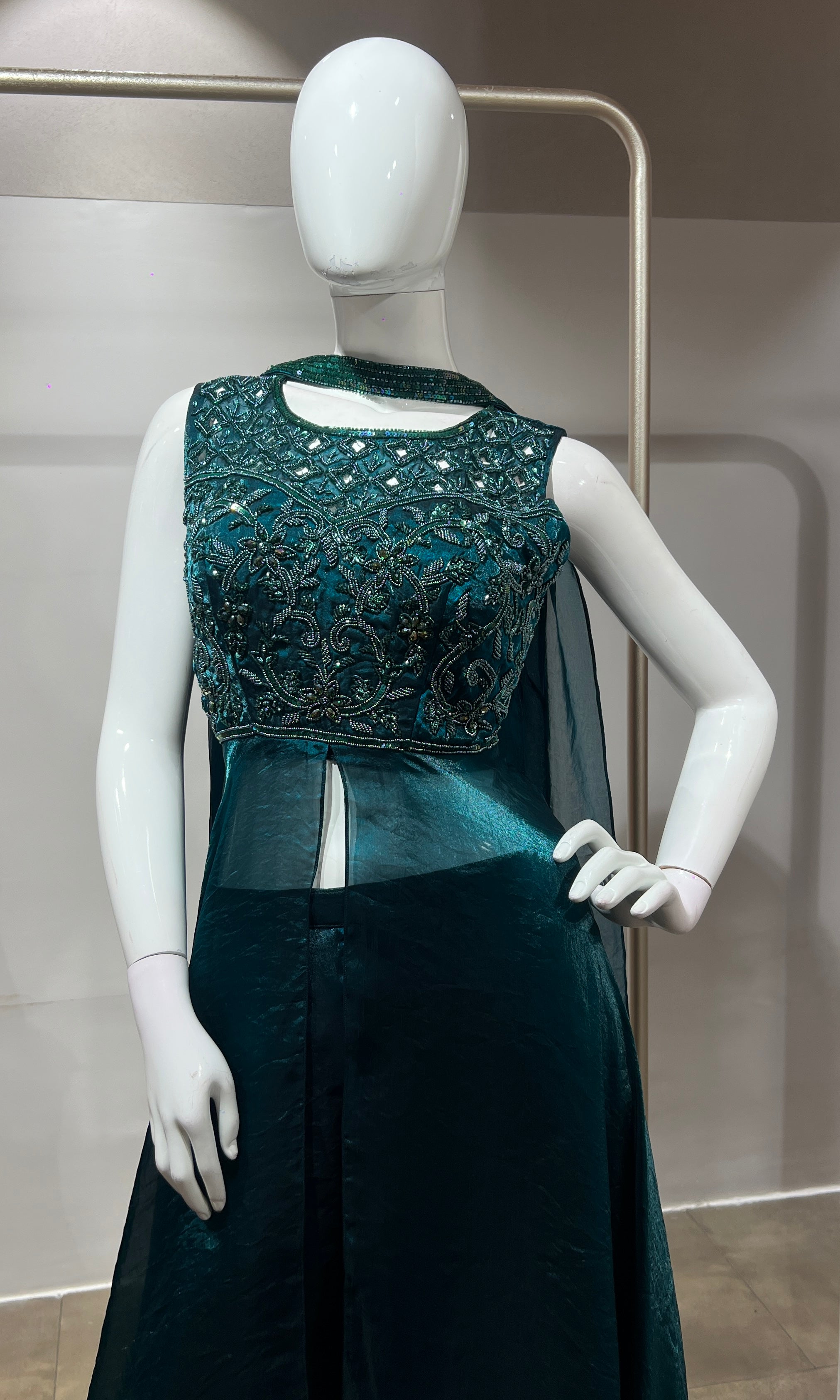 Green front slit layered palazzo set
