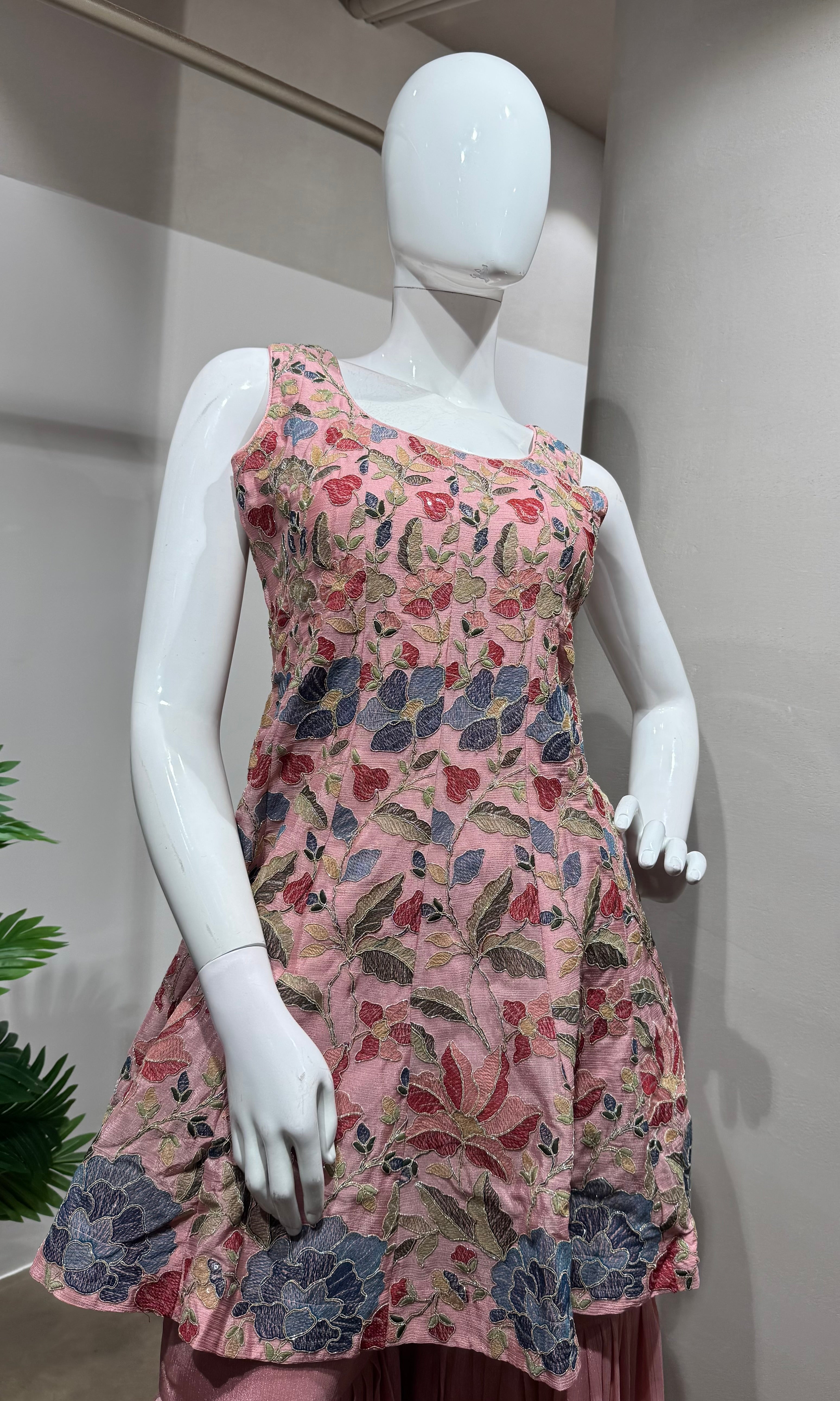 PINK Floral Embroidery SHARARA Set