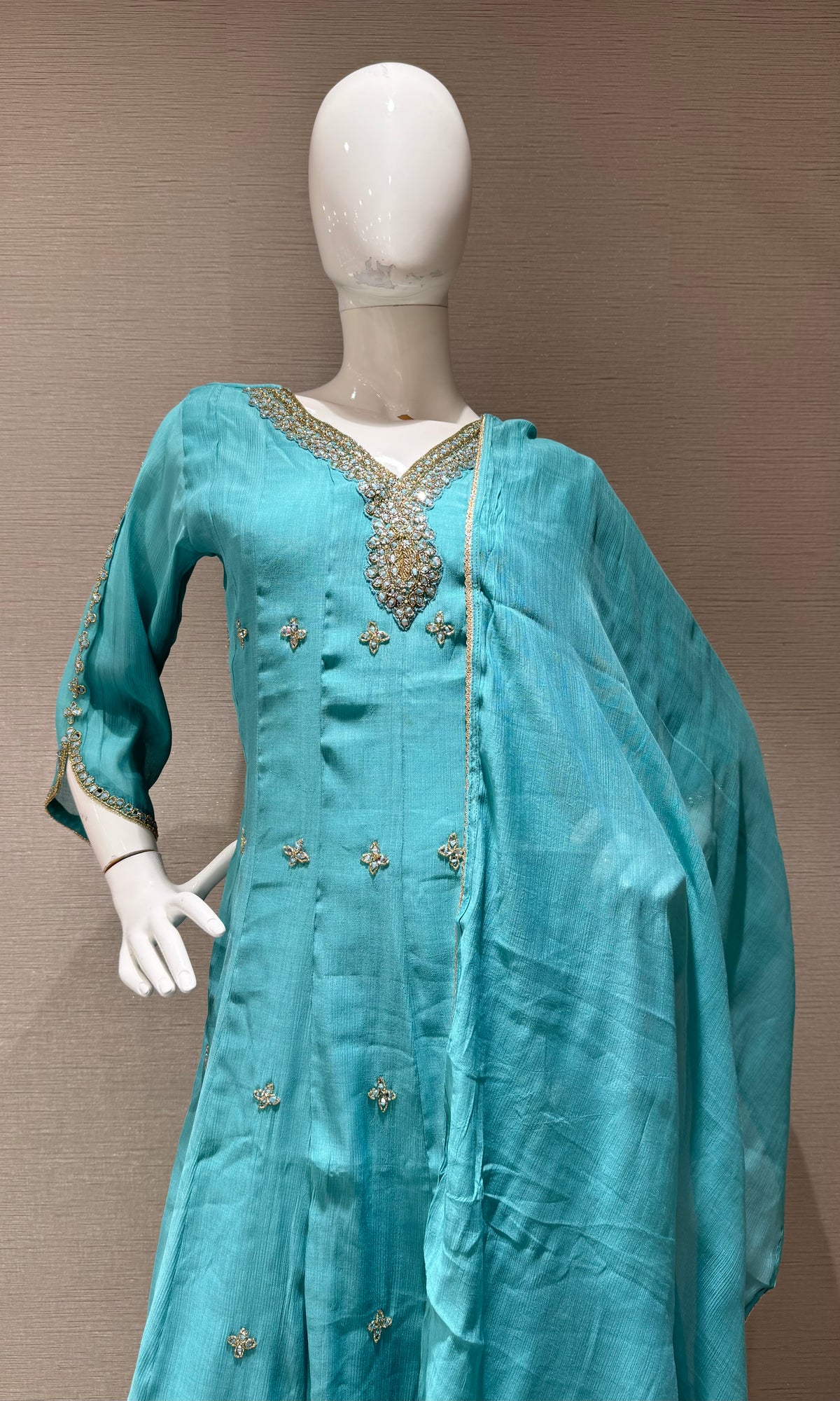 Sea Blue silk Ethnic Anarkali Set with Dupatta