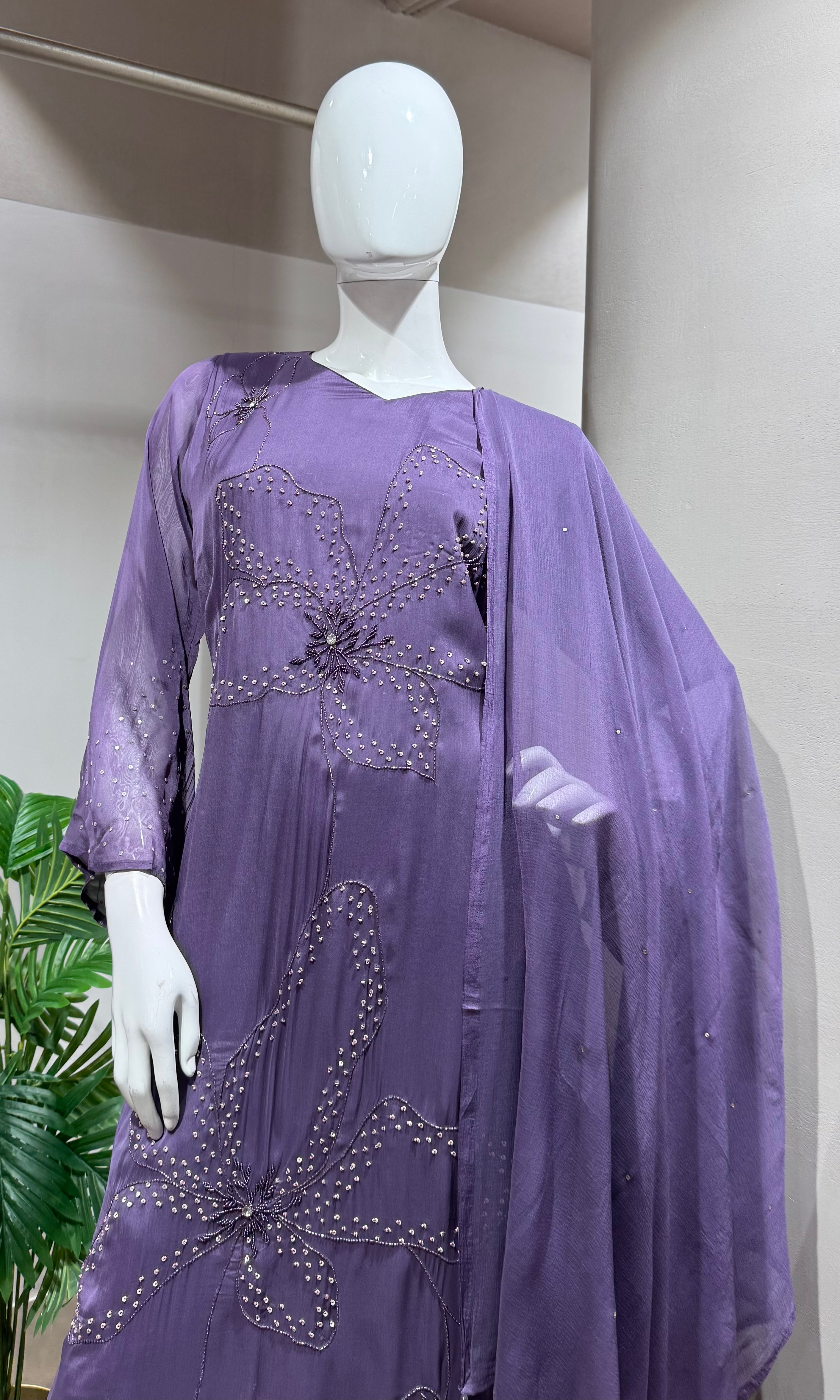 PURPLE FLORAL THREAD EMBROIDERED KURTA SET