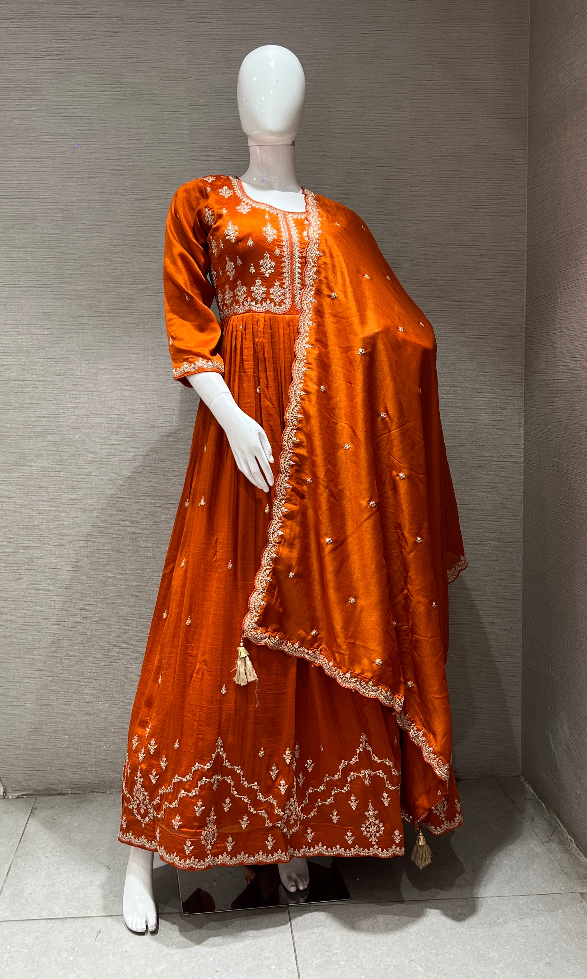 Rust EMBROIDERED LONG ANARKALI DRESS