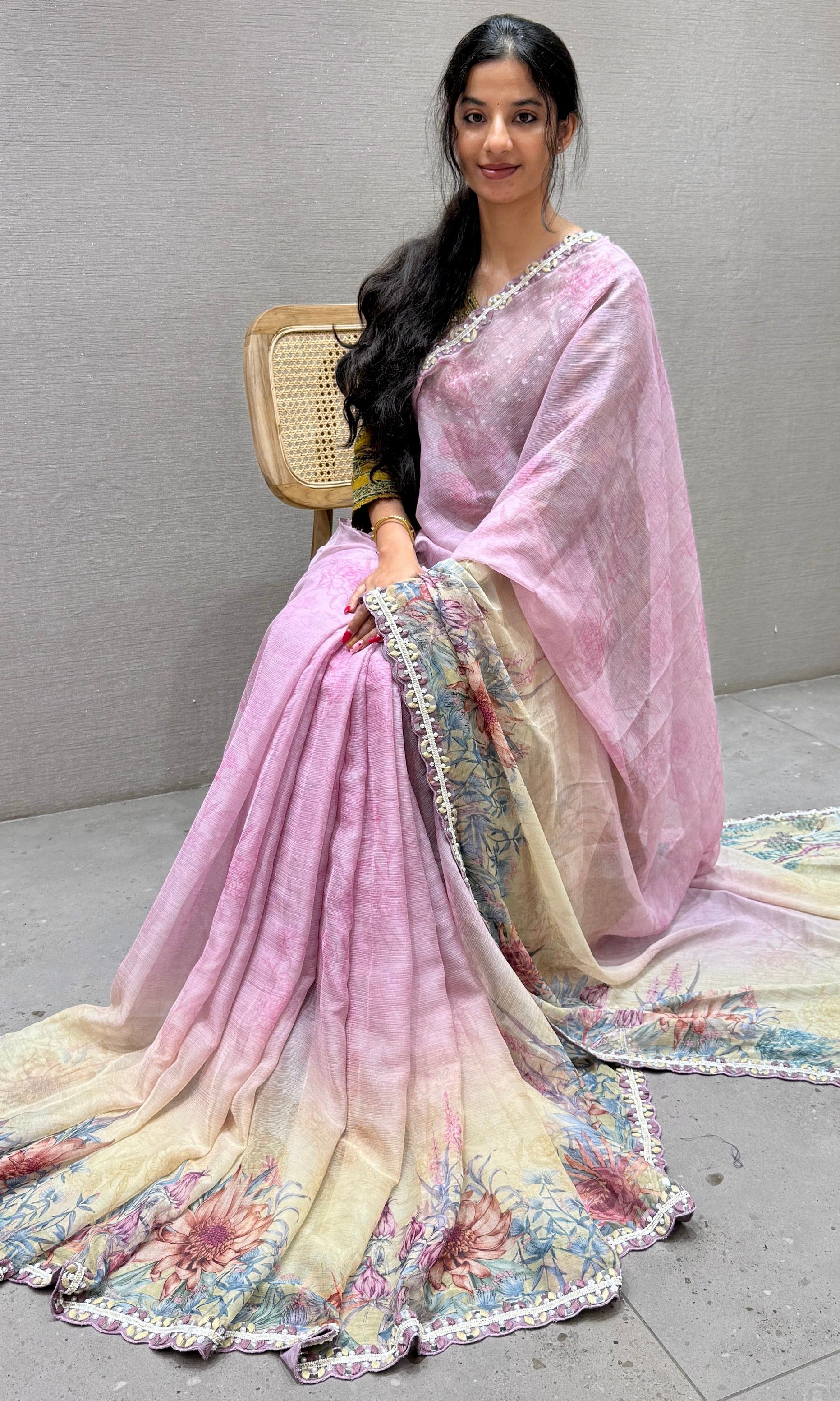 Pink floral print crushed Georgette saree with ready blouse