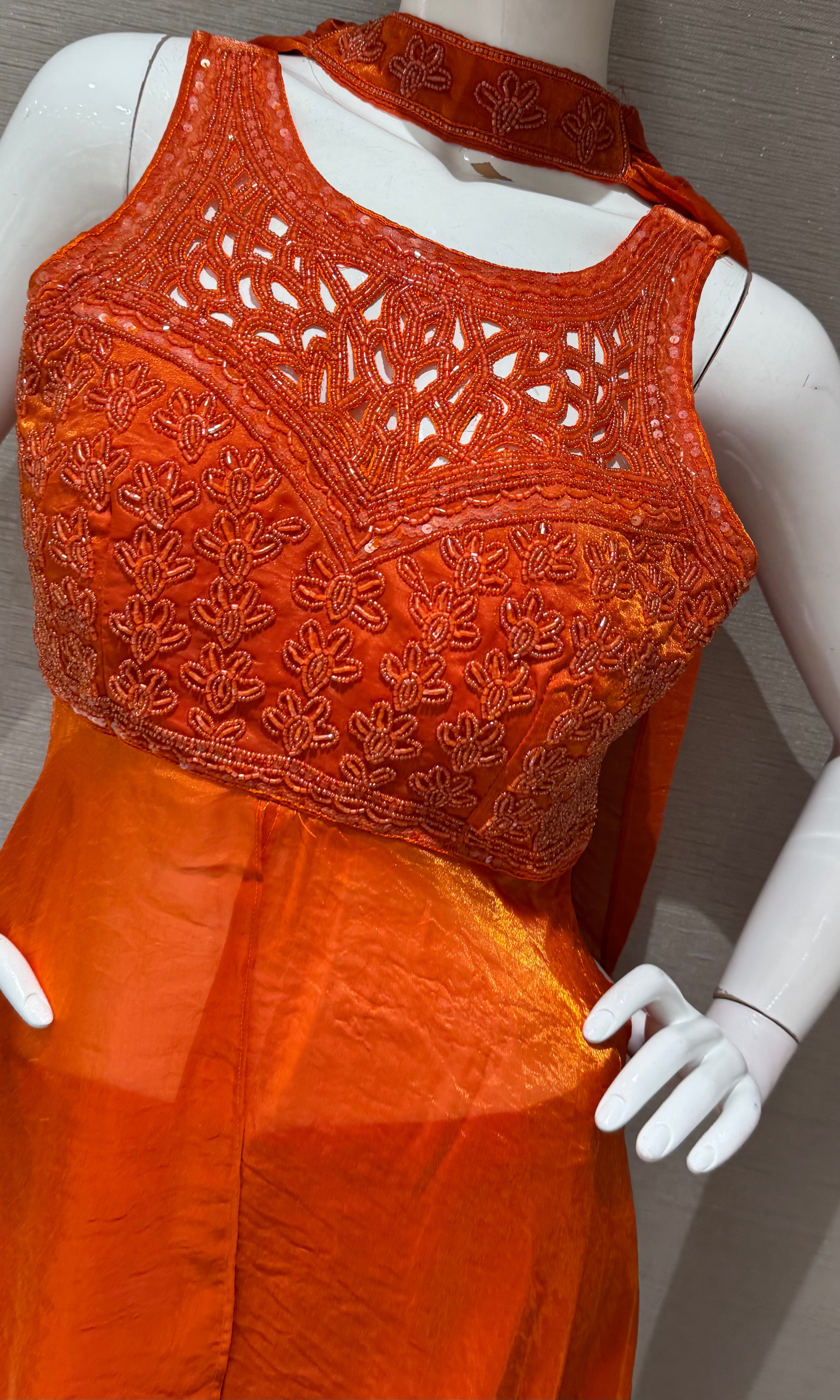 Rust Embroidered front slit anarkali with palazzo pants