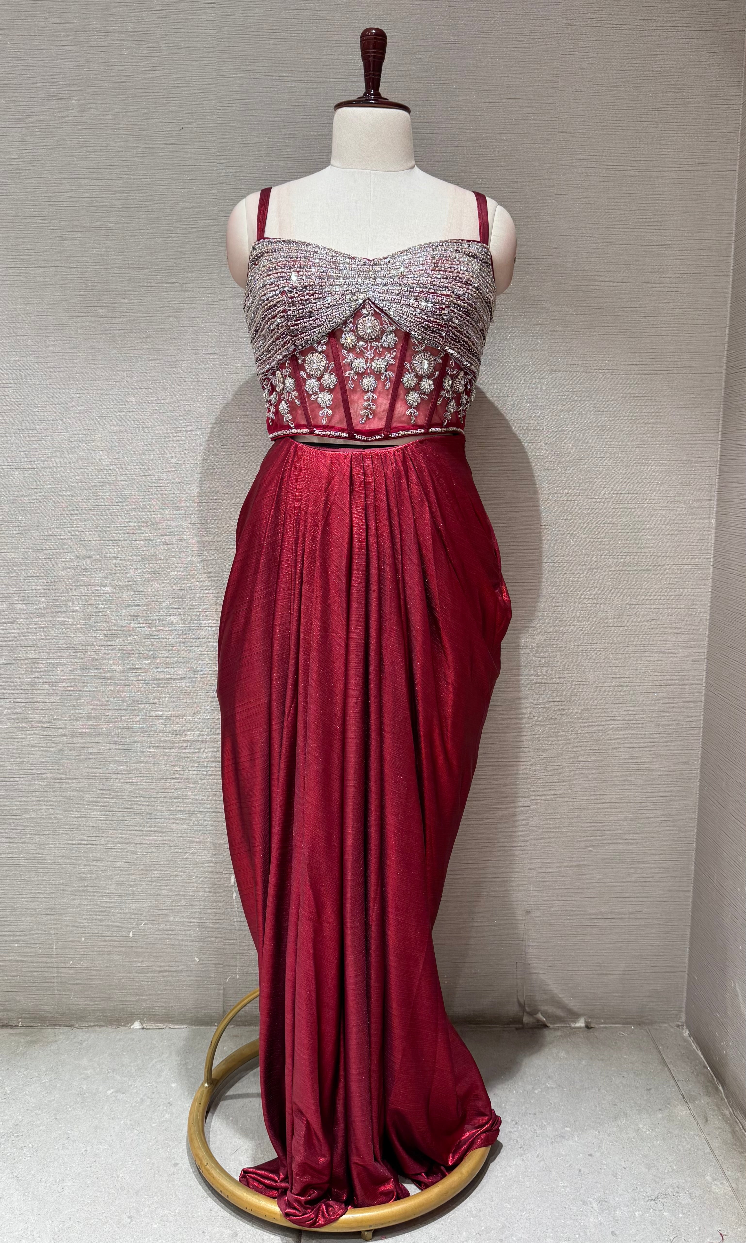 Maroon Deep Embroidered Cape Skirt