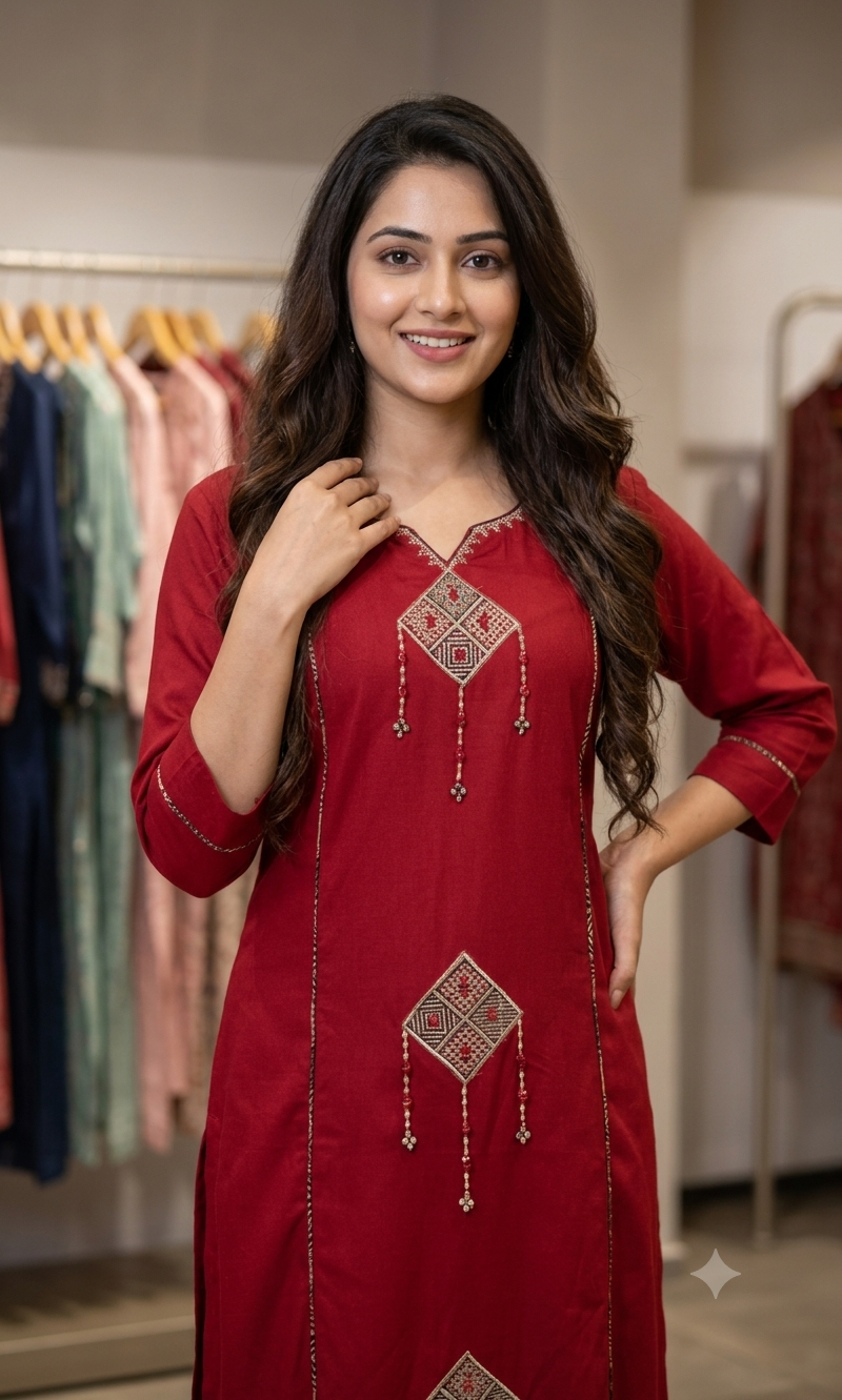RED Ethnic Motif Kurta with Bottom