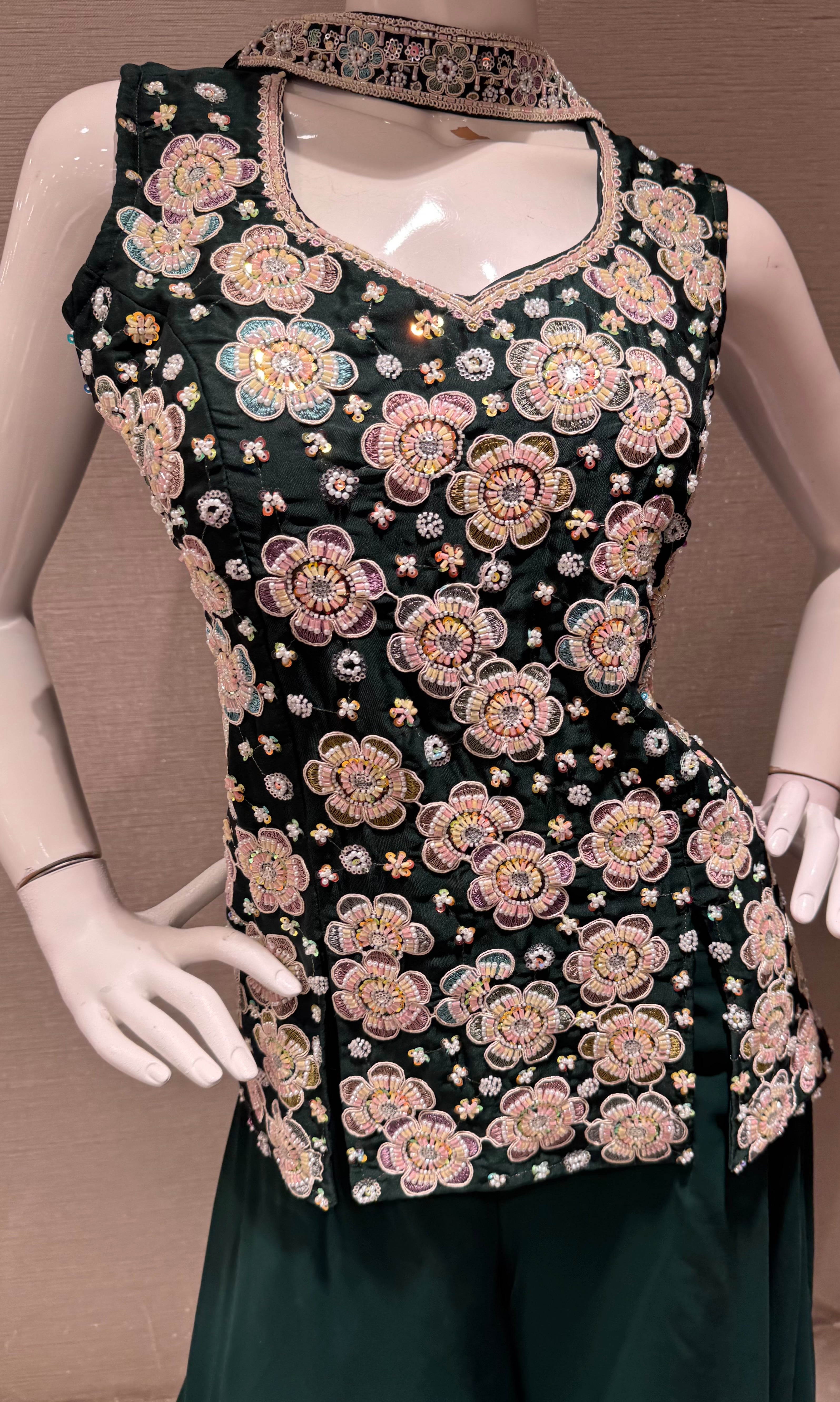 Bottel Green Floral Embroidered Palazzo Set