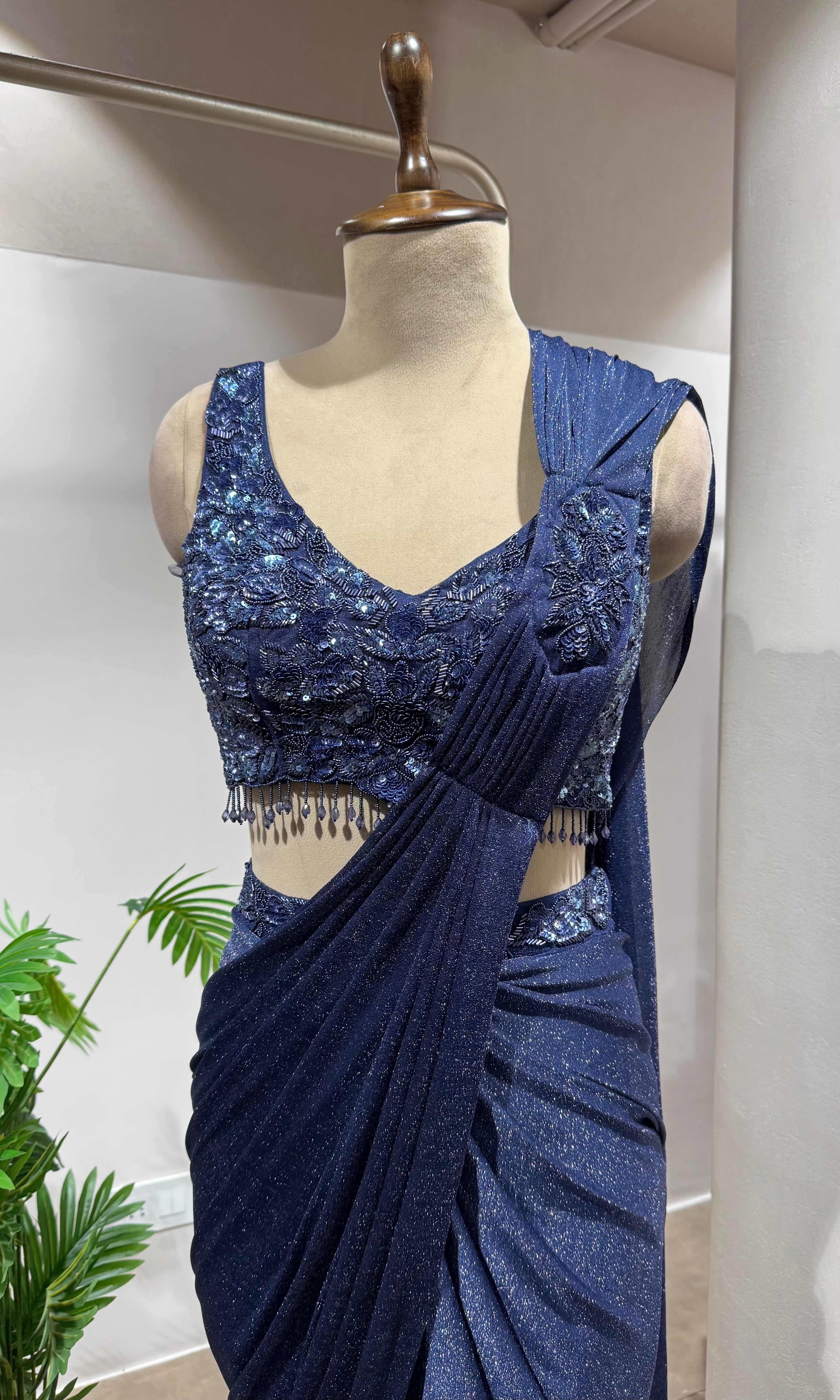 Blue Draped Saree with Embellished BLOUSE
