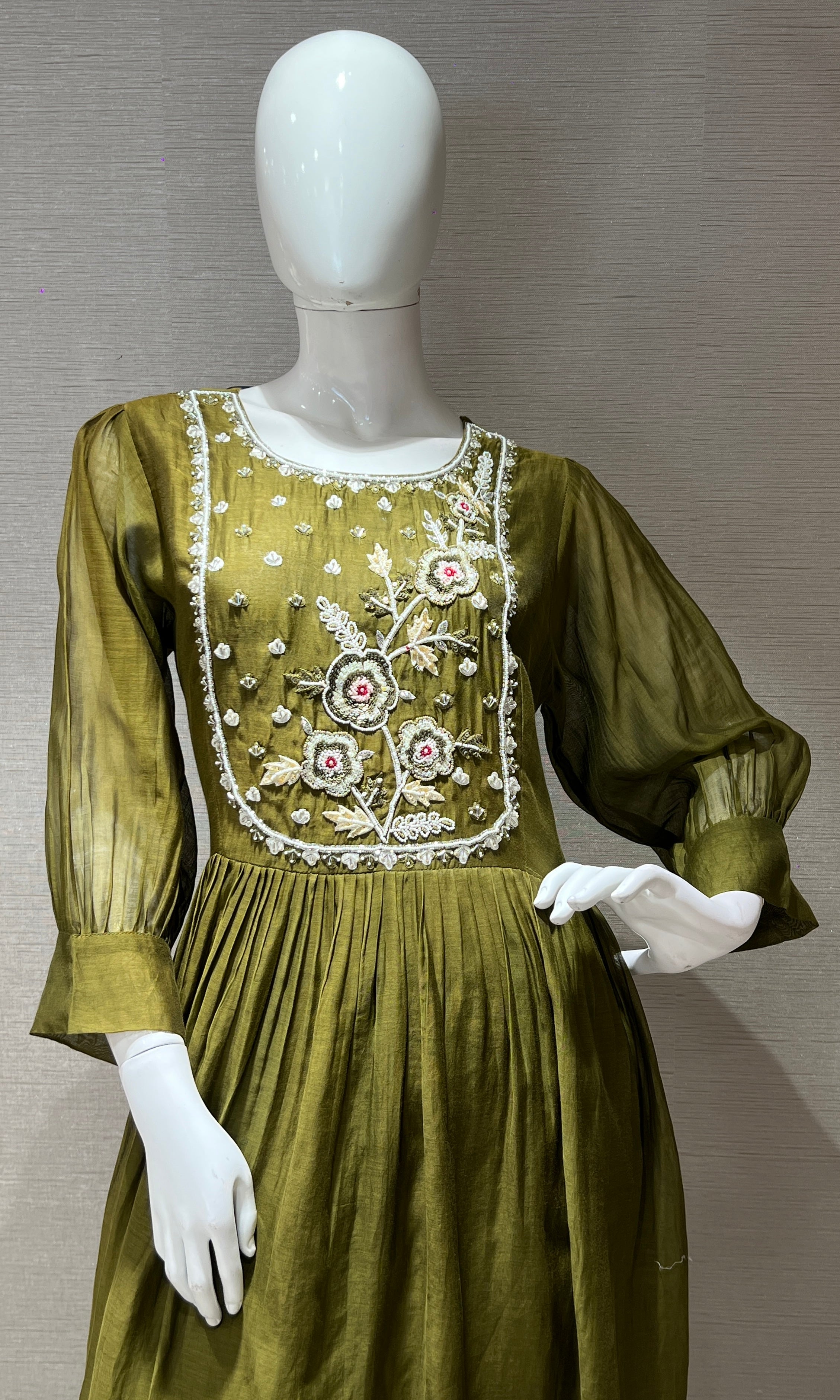 olive green Mul Chanderi kurta set