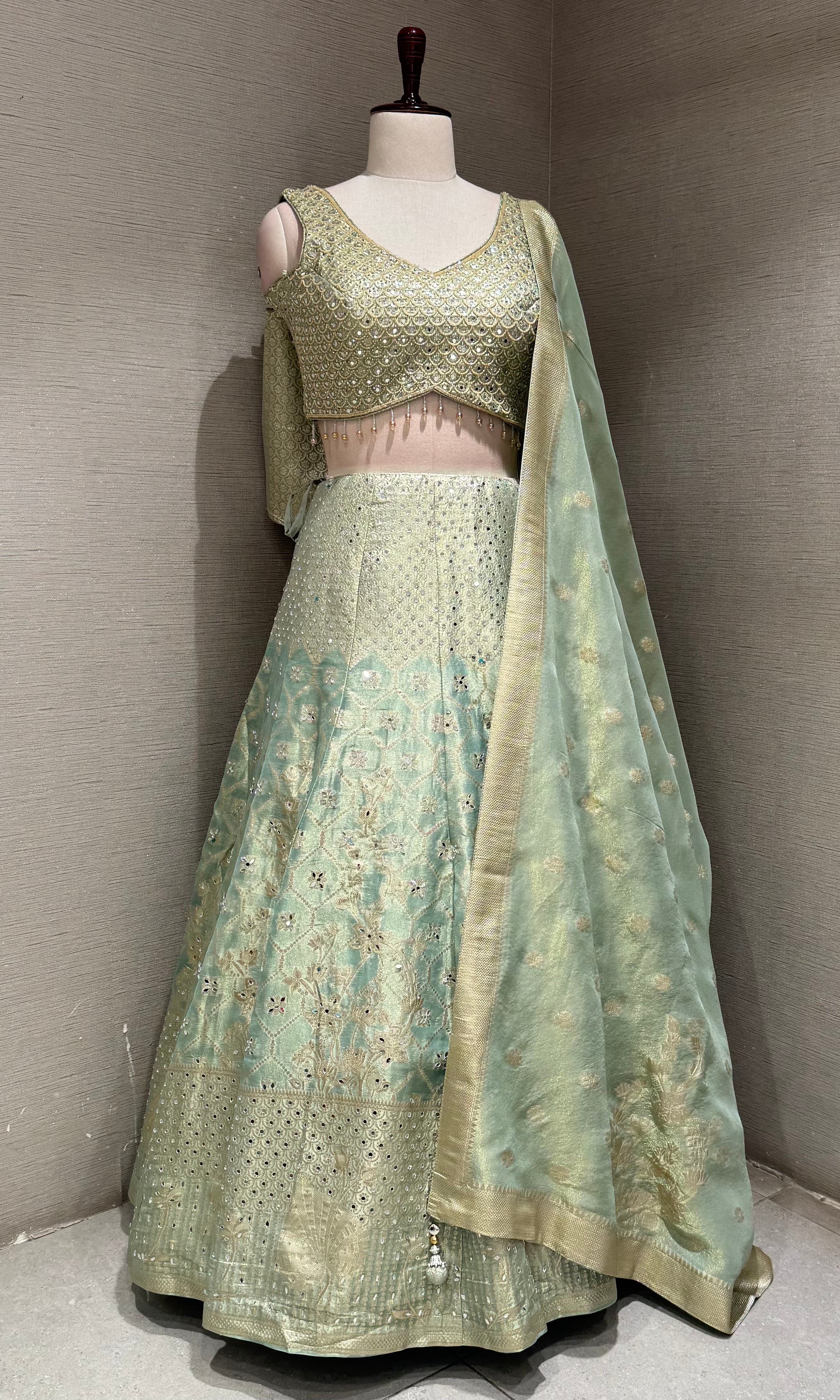 pista green Embroidered Lehenga Choli Set with Dupatta
