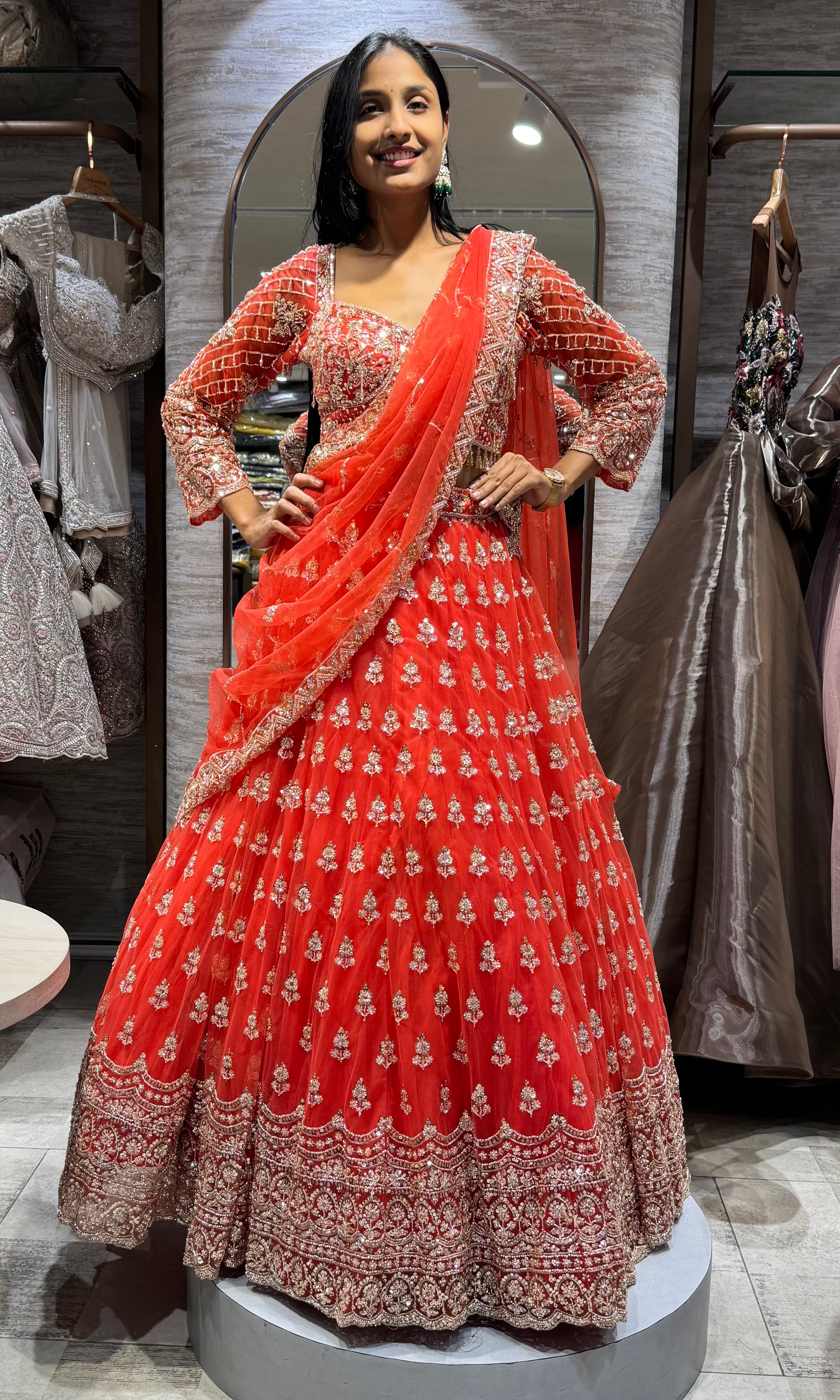 orange bridal intricate embroidery lehenga